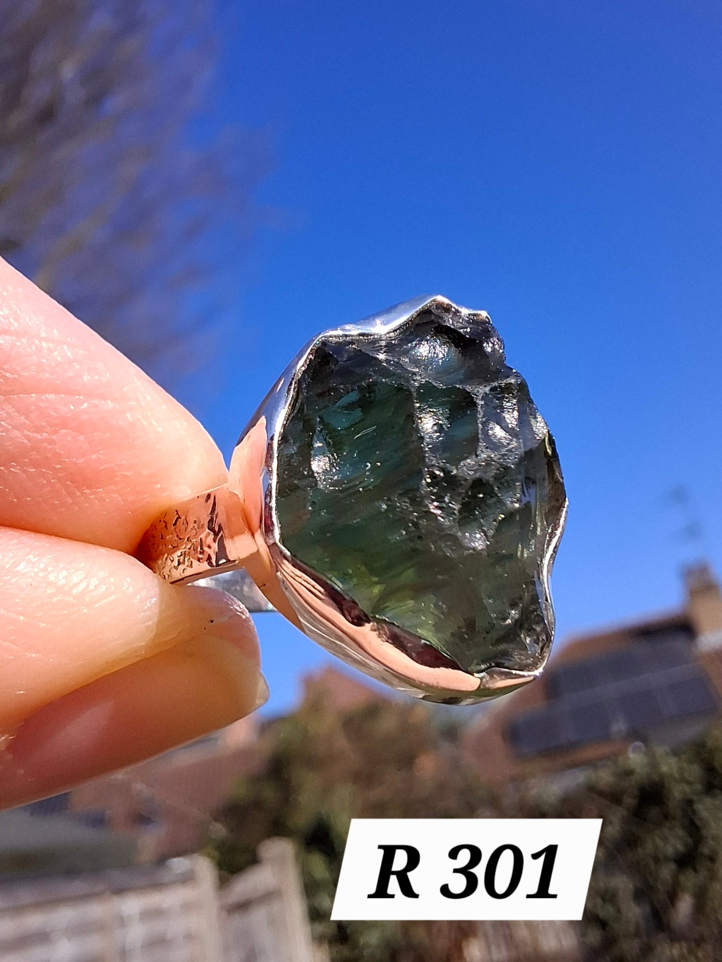 Moldavite Ring, size K, 925 Silver, Tektite (Ref: R301)