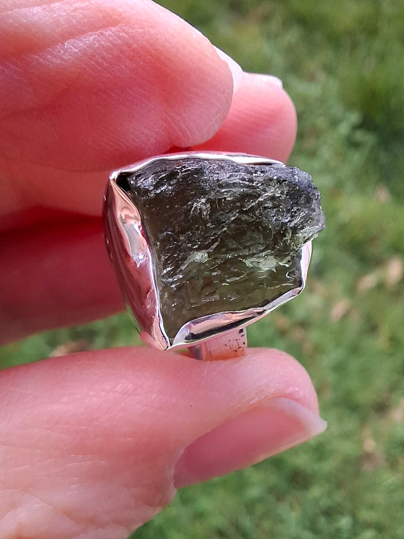 Moldavite Ring, size K, 925 Silver, Tektite (Ref: R302)