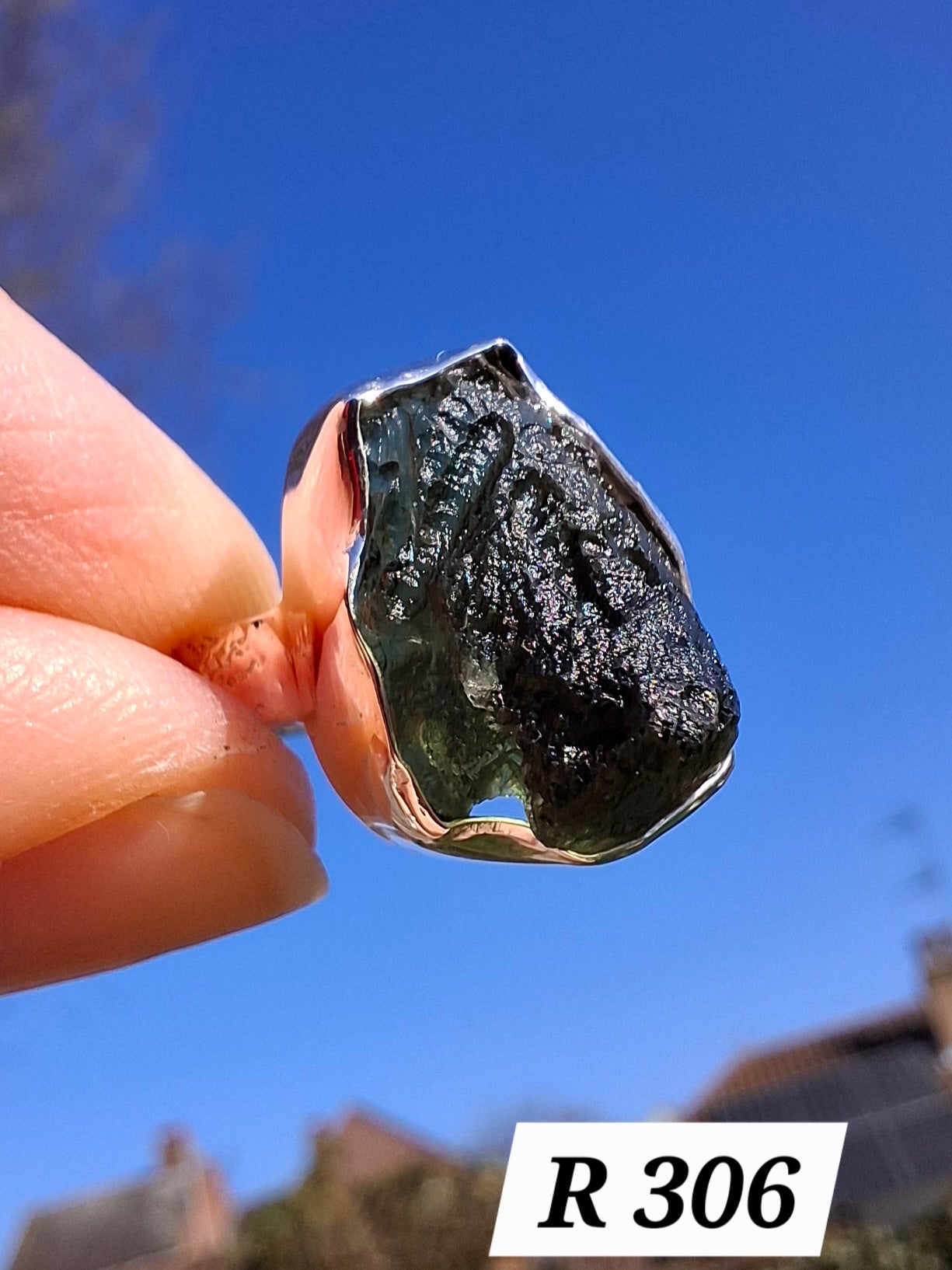Moldavite Ring, size M, 925 Silver, Tektite (Ref: R306)