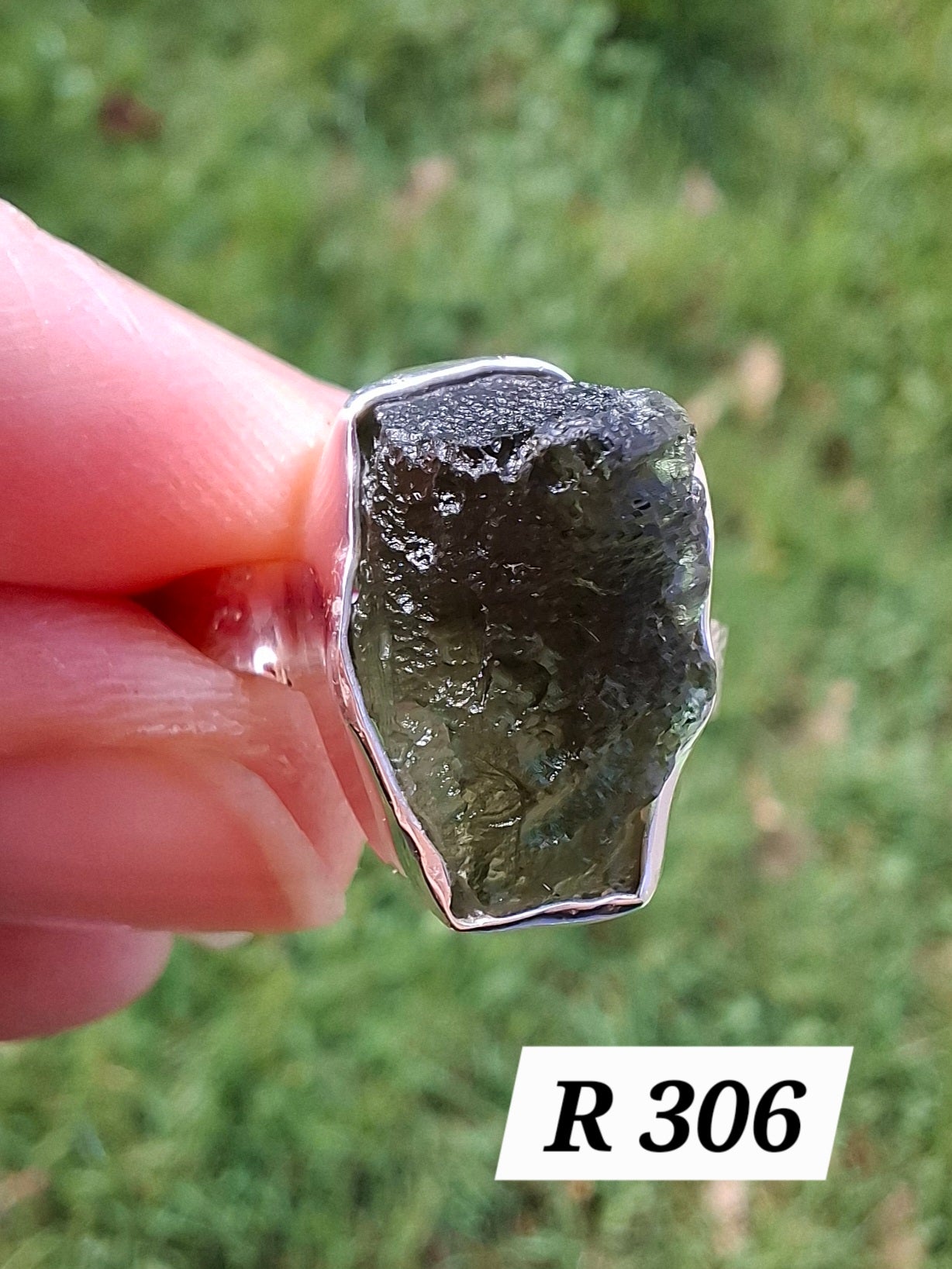 Moldavite Ring, size M, 925 Silver, Tektite (Ref: R306)