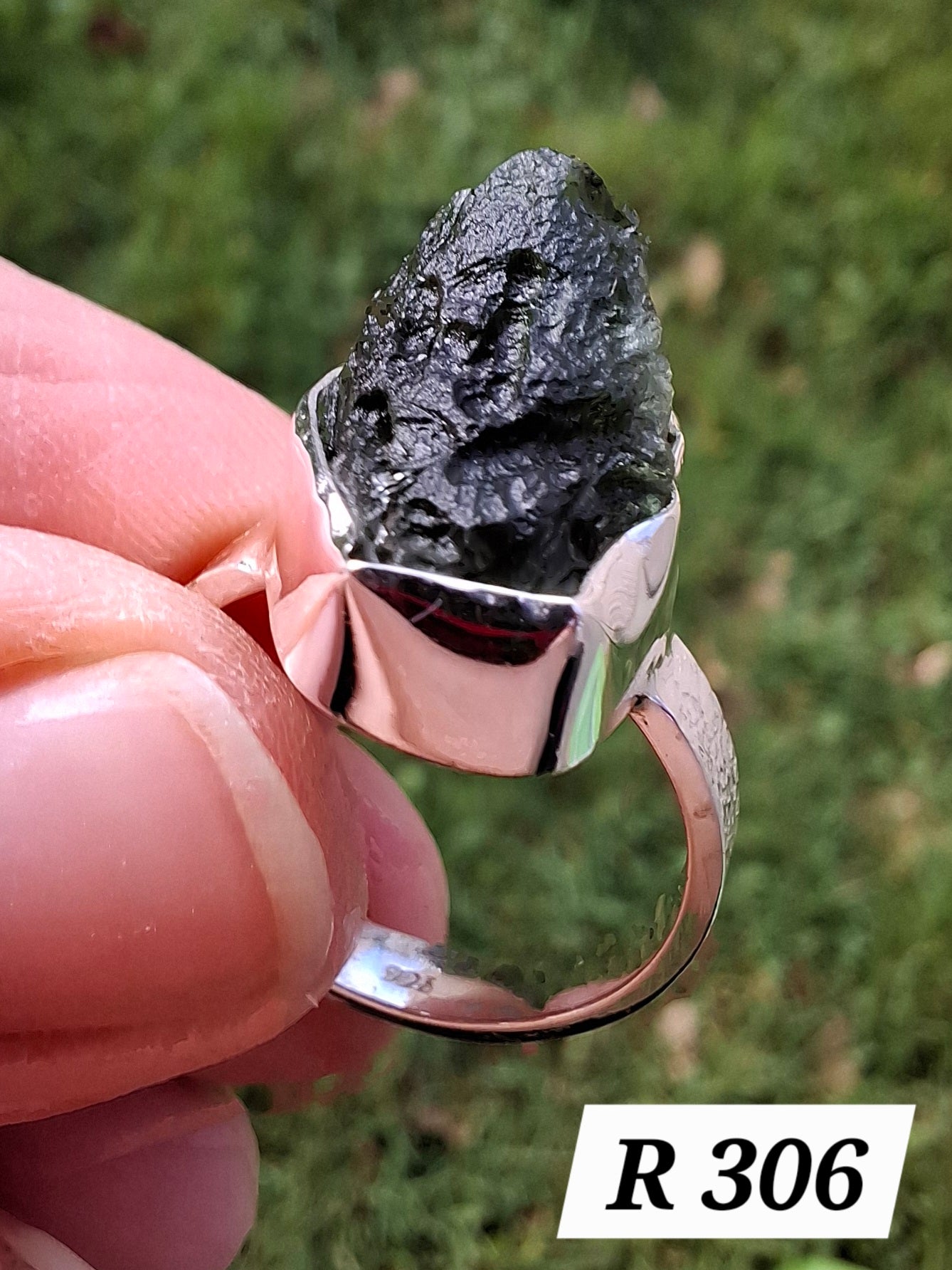 Moldavite Ring, size M, 925 Silver, Tektite (Ref: R306)