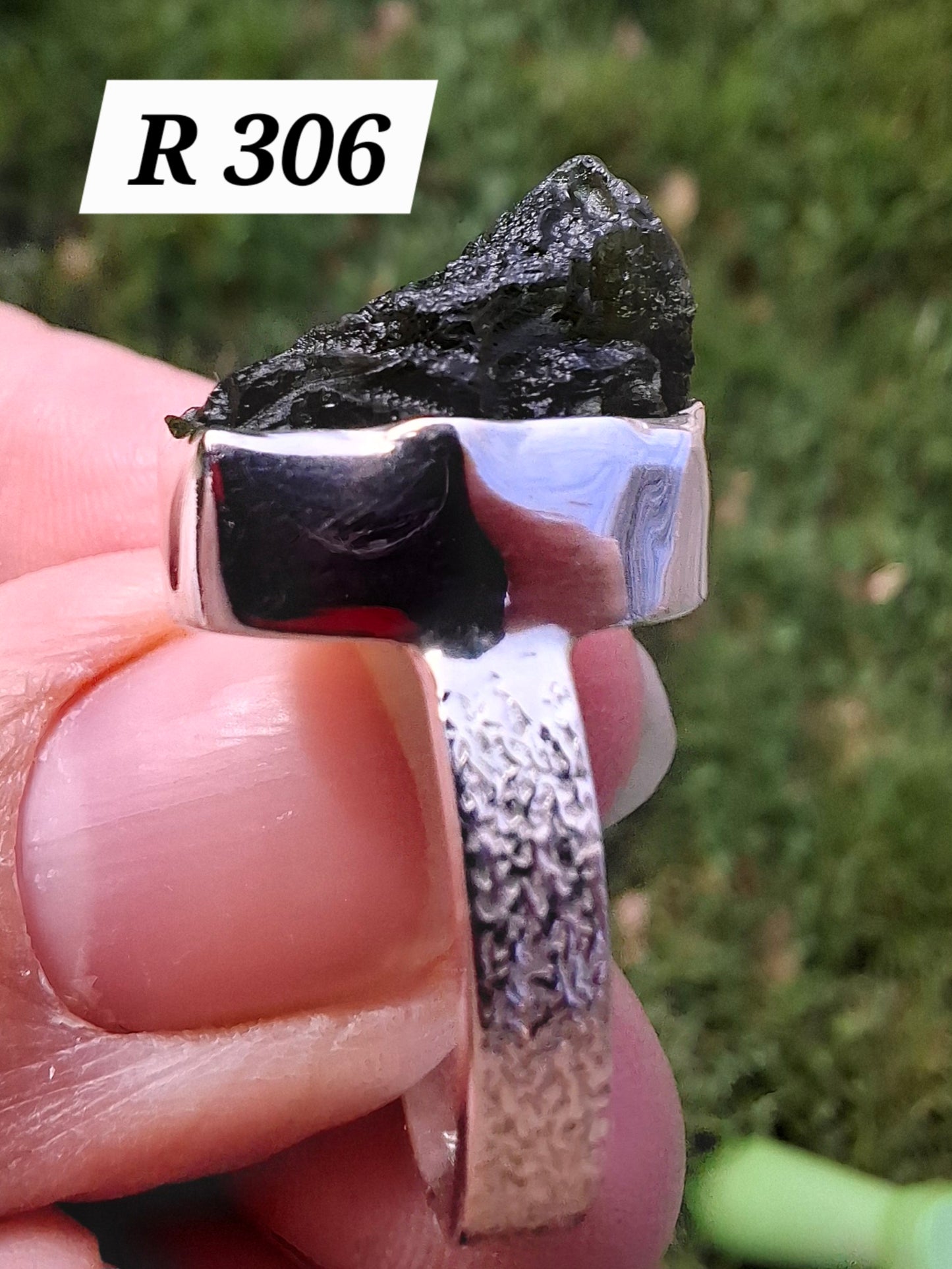 Moldavite Ring, size M, 925 Silver, Tektite (Ref: R306)