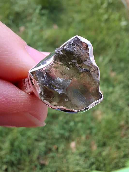 Moldavite Ring, size M, 925 Silver, Tektite (Ref: R307)