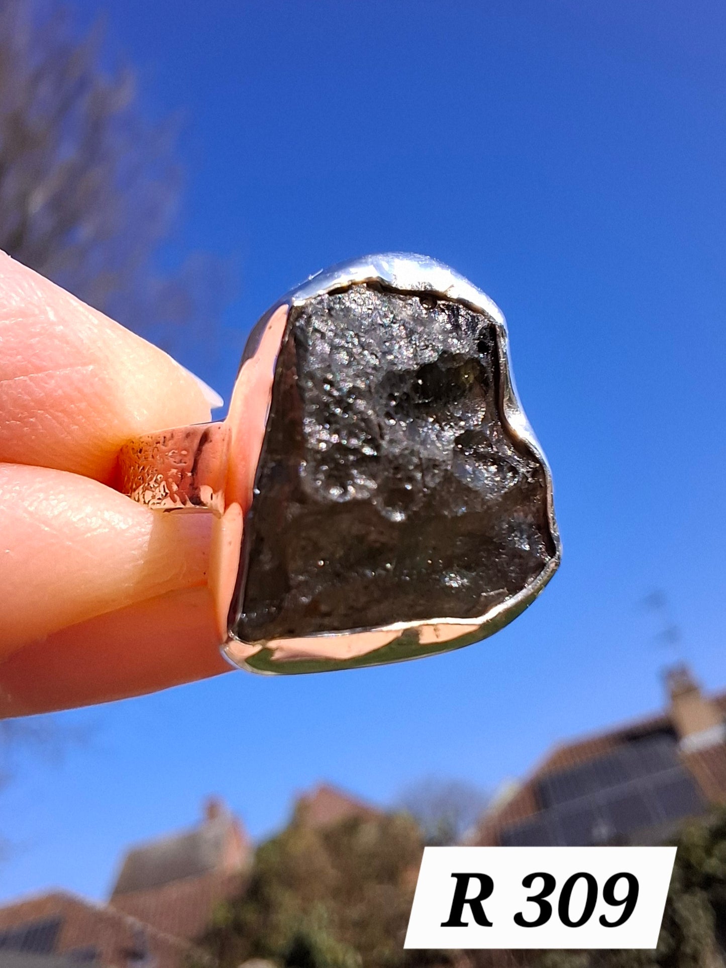 Moldavite Ring, size large M/small N, 925 Silver, Tektite (Ref: R309)