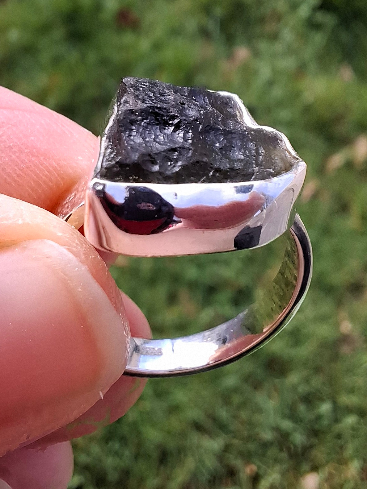 Moldavite Ring, size large M/small N, 925 Silver, Tektite (Ref: R309)