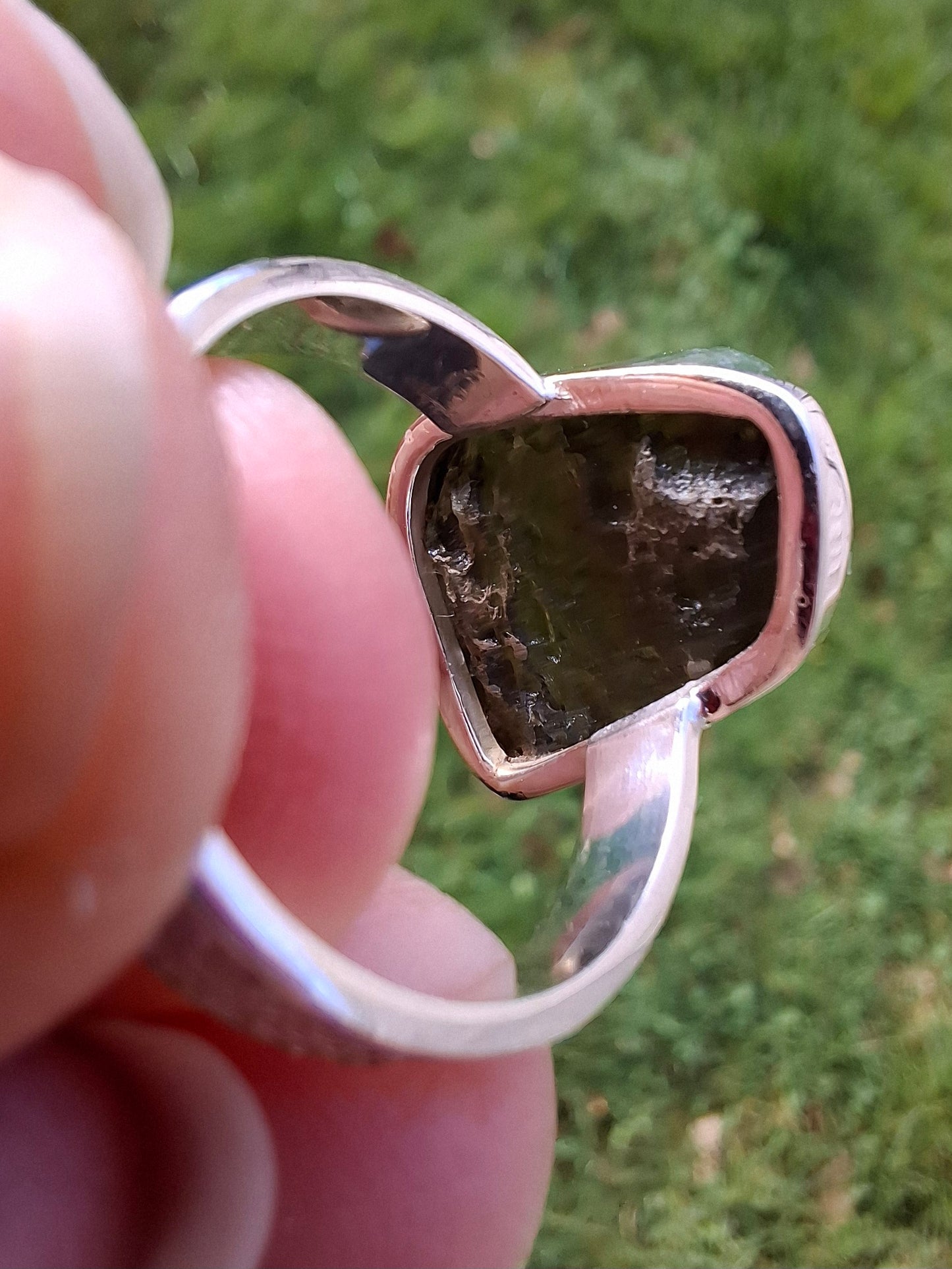 Moldavite Ring, size large M/small N, 925 Silver, Tektite (Ref: R309)