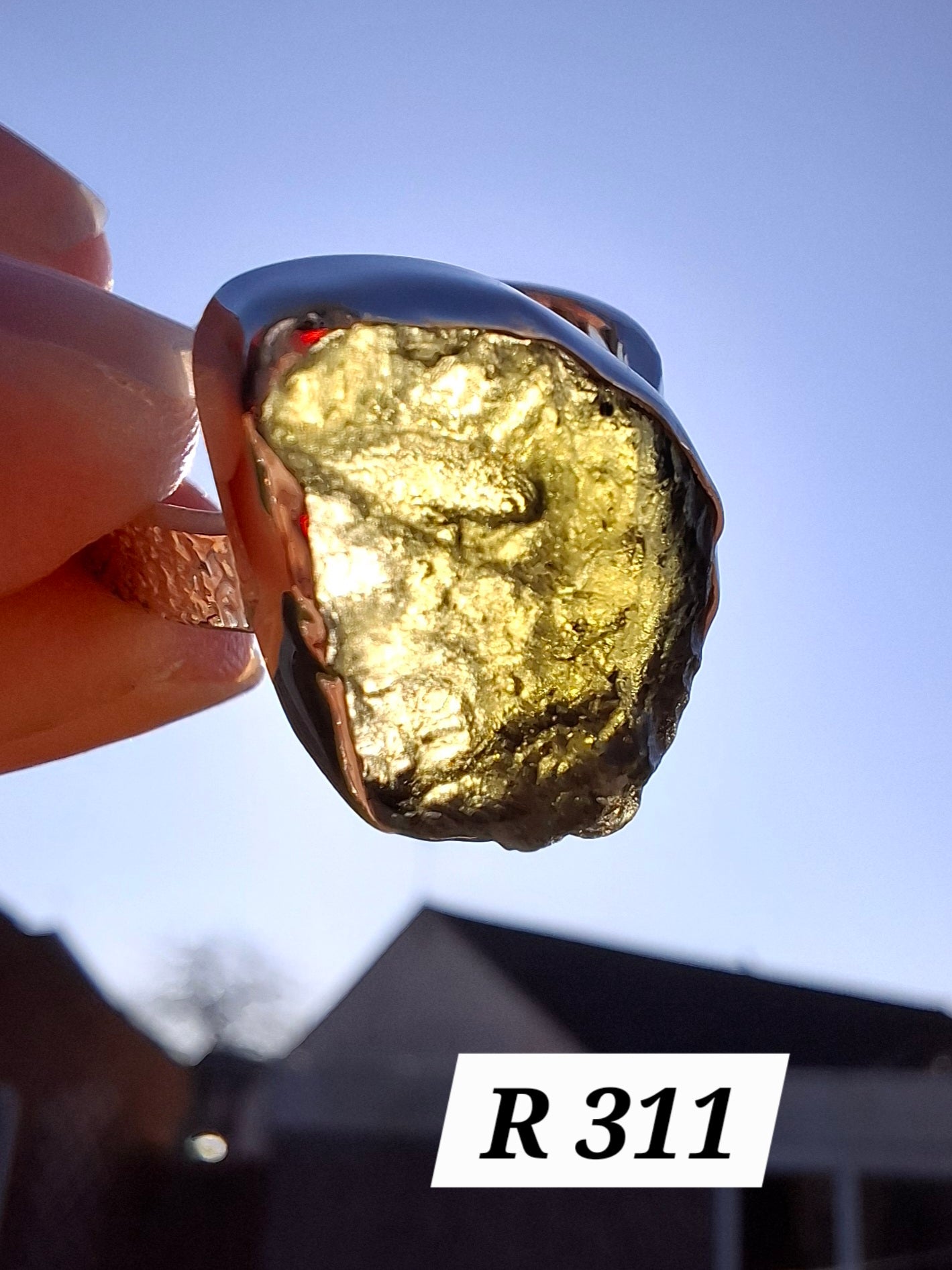 Moldavite Ring, size O, 925 Silver, Tektite (Ref: R311)