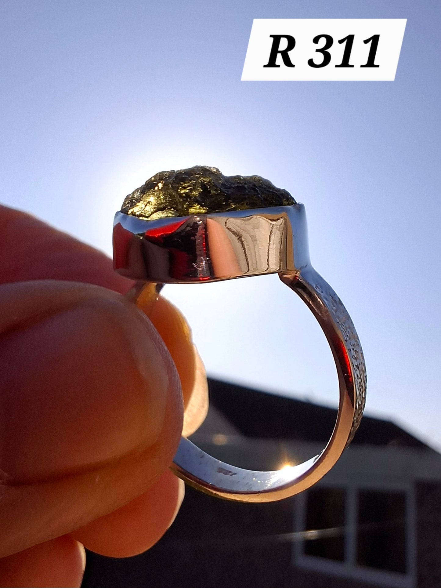 Moldavite Ring, size O, 925 Silver, Tektite (Ref: R311)