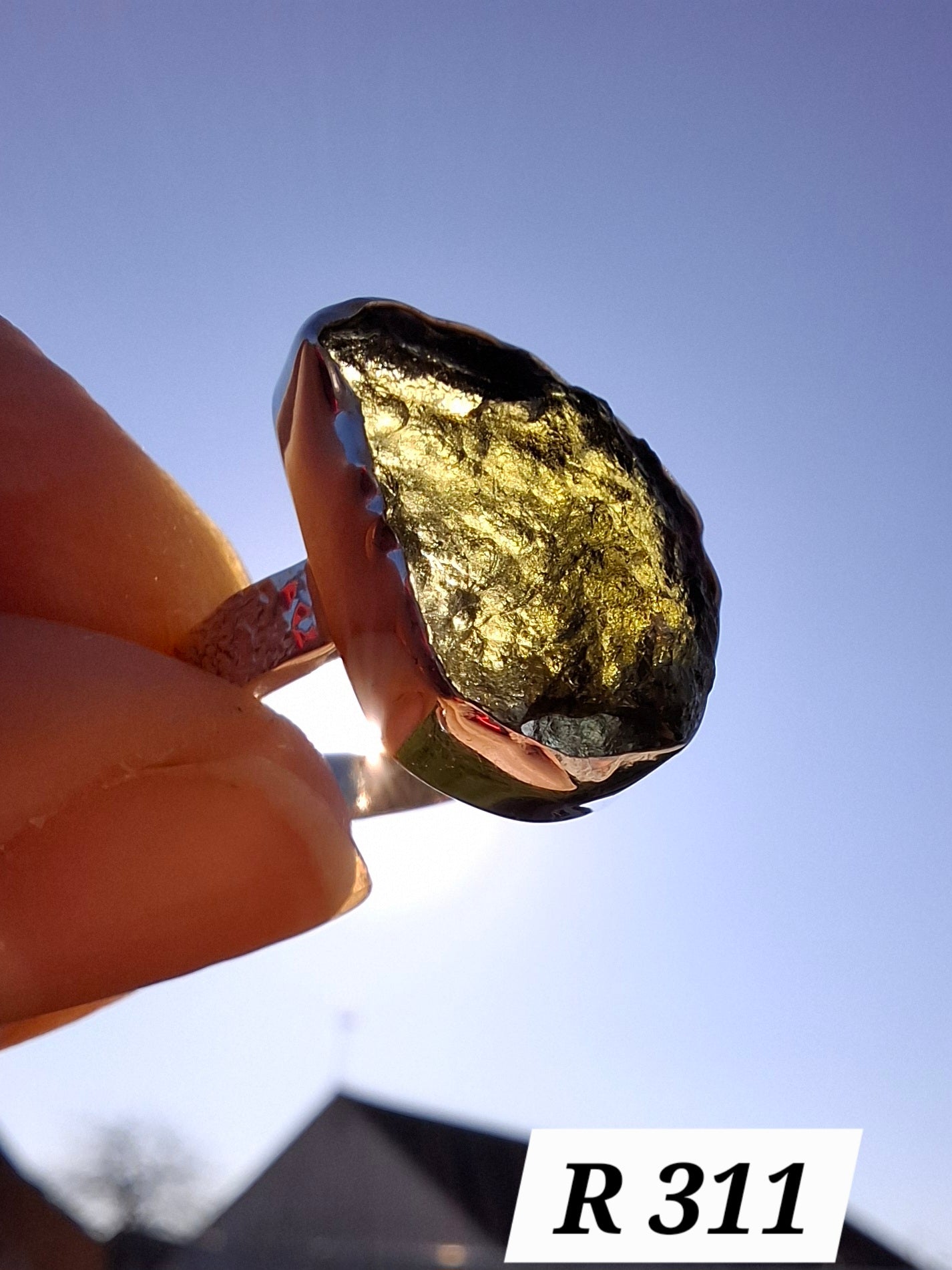 Moldavite Ring, size O, 925 Silver, Tektite (Ref: R311)