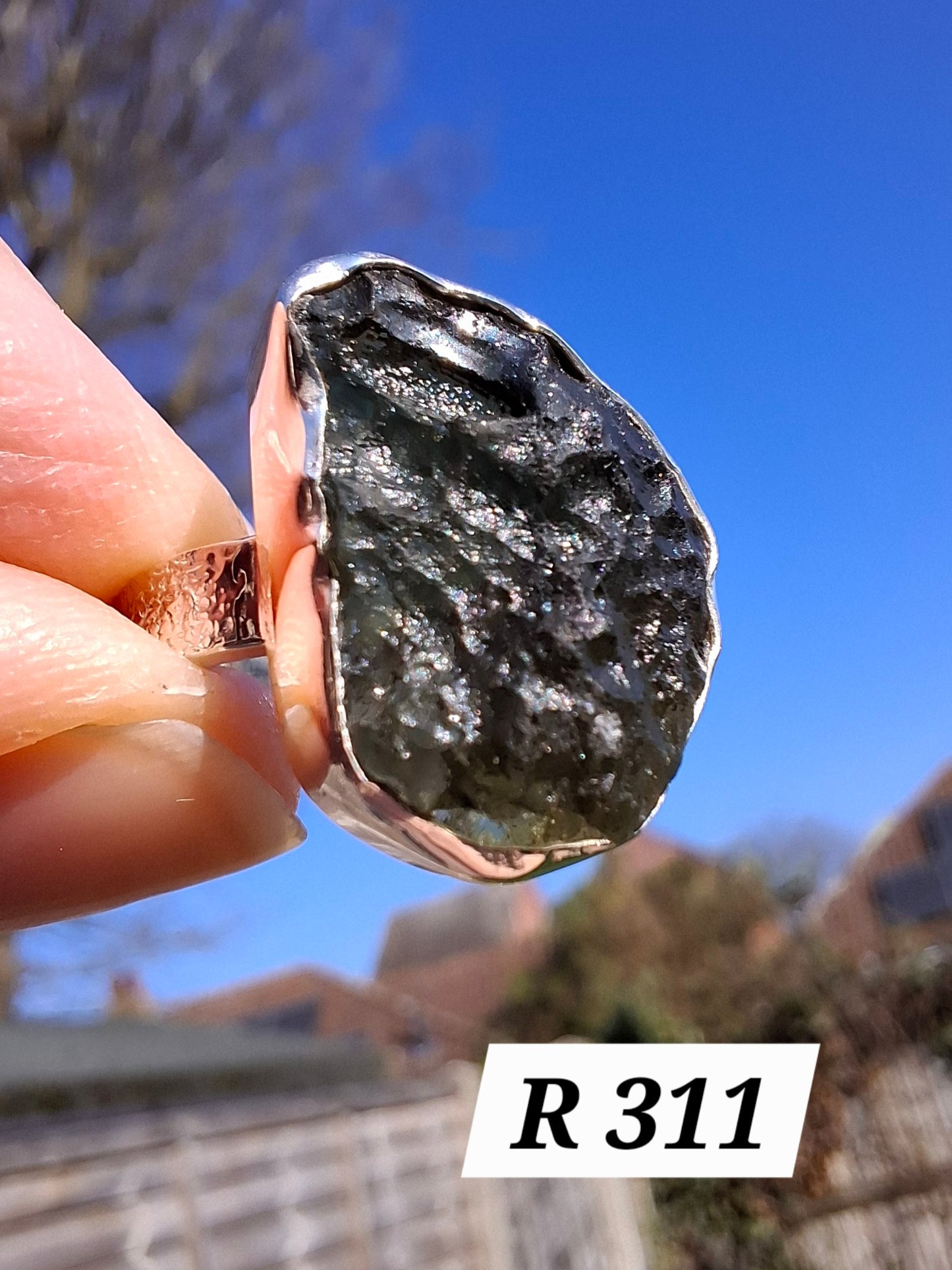 Moldavite Ring, size O, 925 Silver, Tektite (Ref: R311)