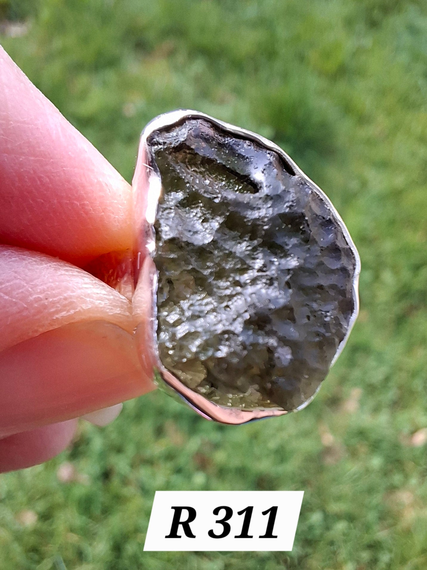 Moldavite Ring, size O, 925 Silver, Tektite (Ref: R311)