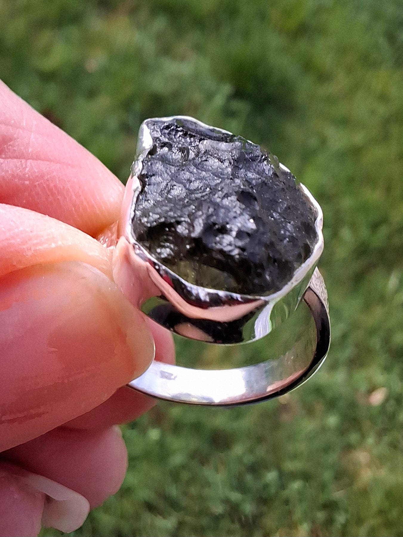 Moldavite Ring, size O, 925 Silver, Tektite (Ref: R311)