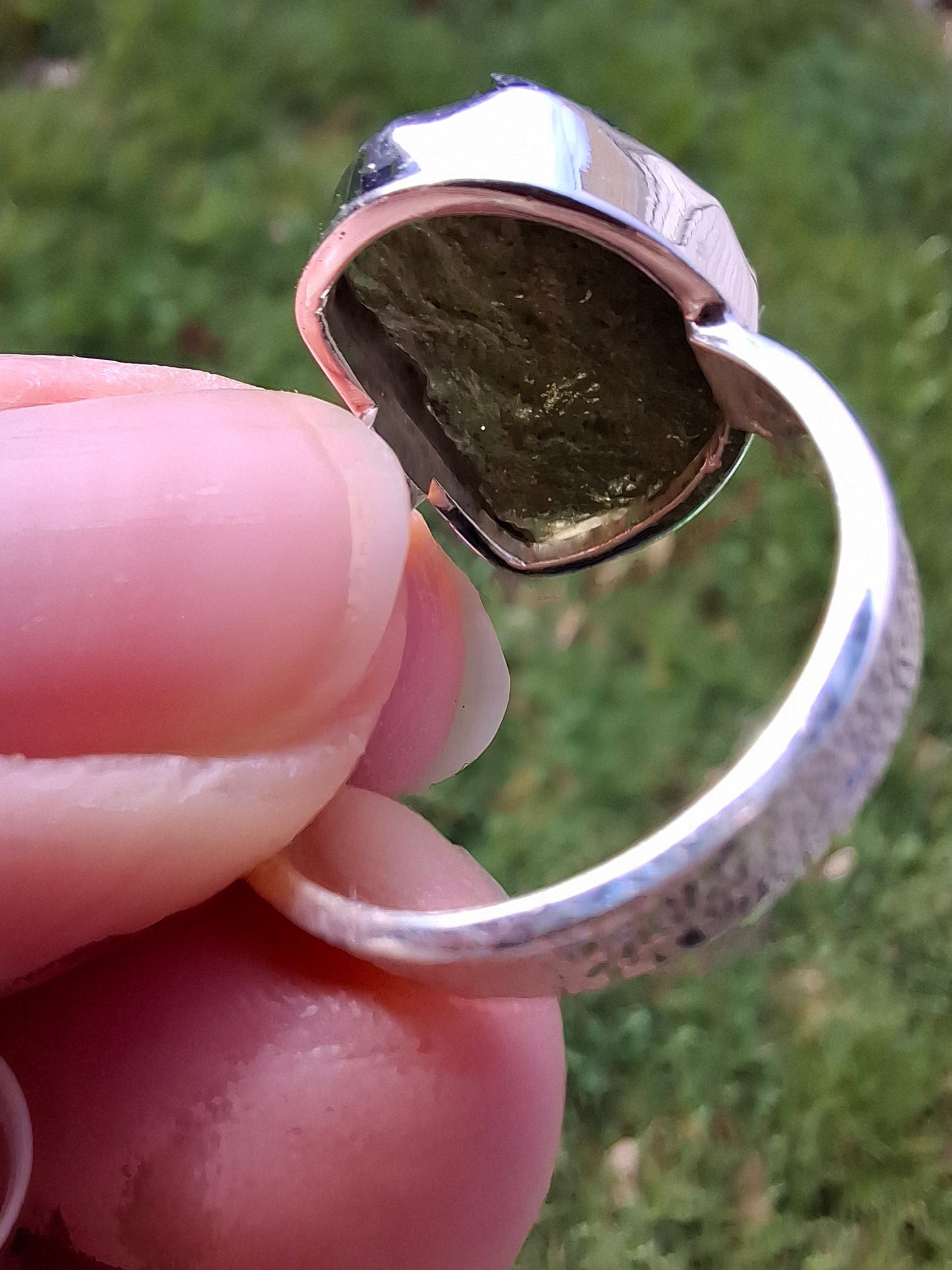 Moldavite Ring, size O, 925 Silver, Tektite (Ref: R311)