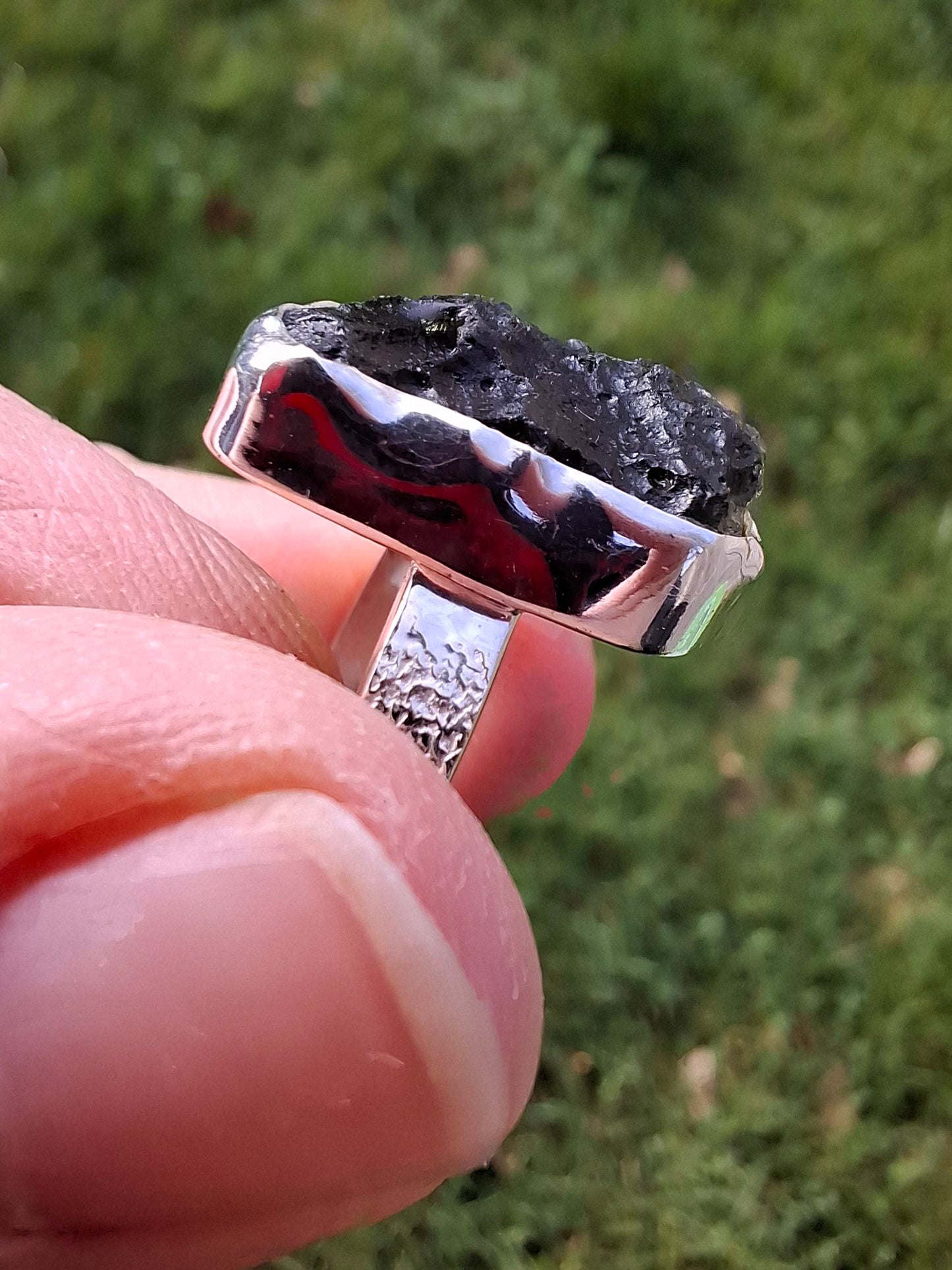 Moldavite Ring, size O, 925 Silver, Tektite (Ref: R311)