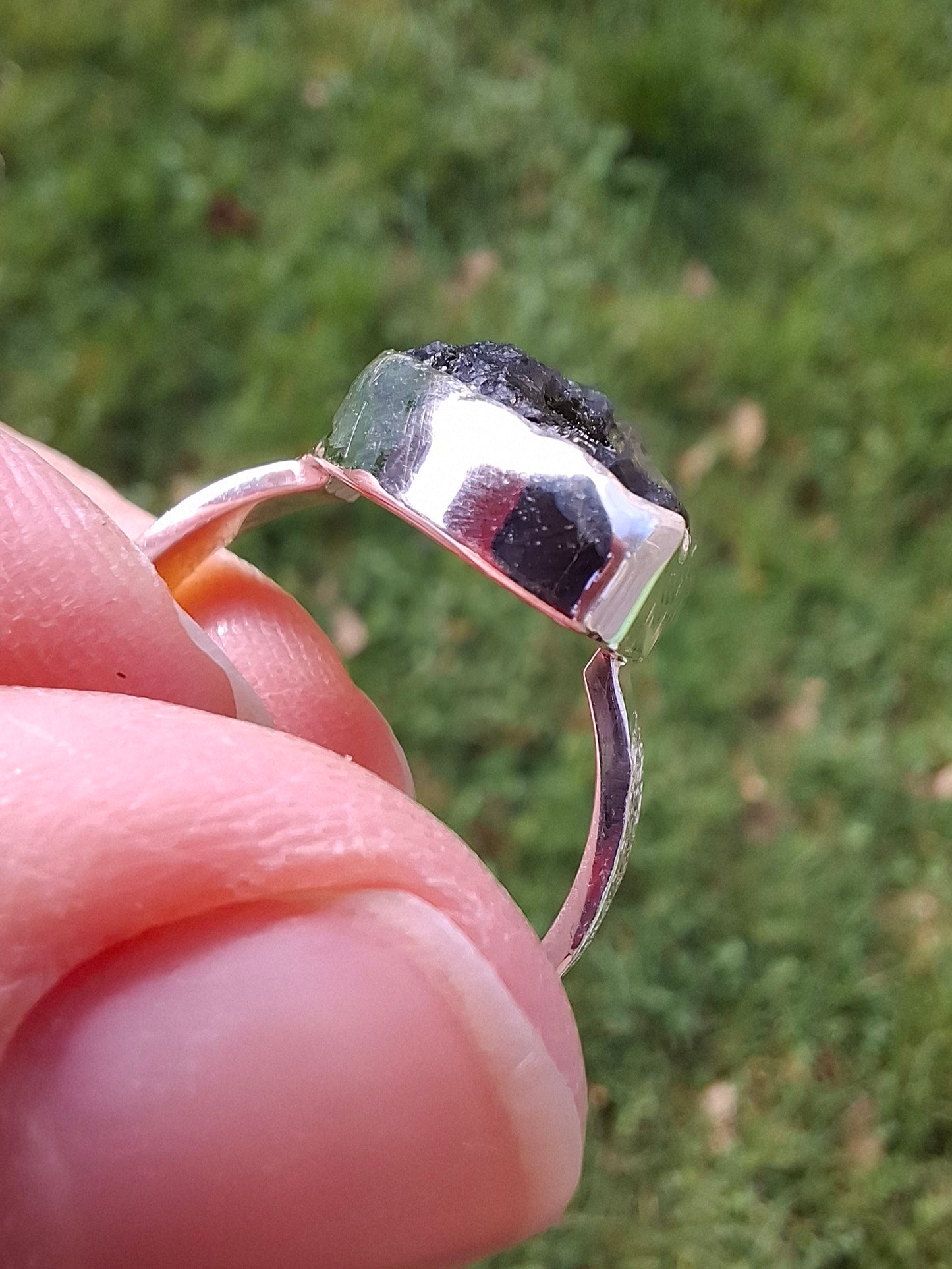 Moldavite Ring, size O, 925 Silver, Tektite (Ref: R311)