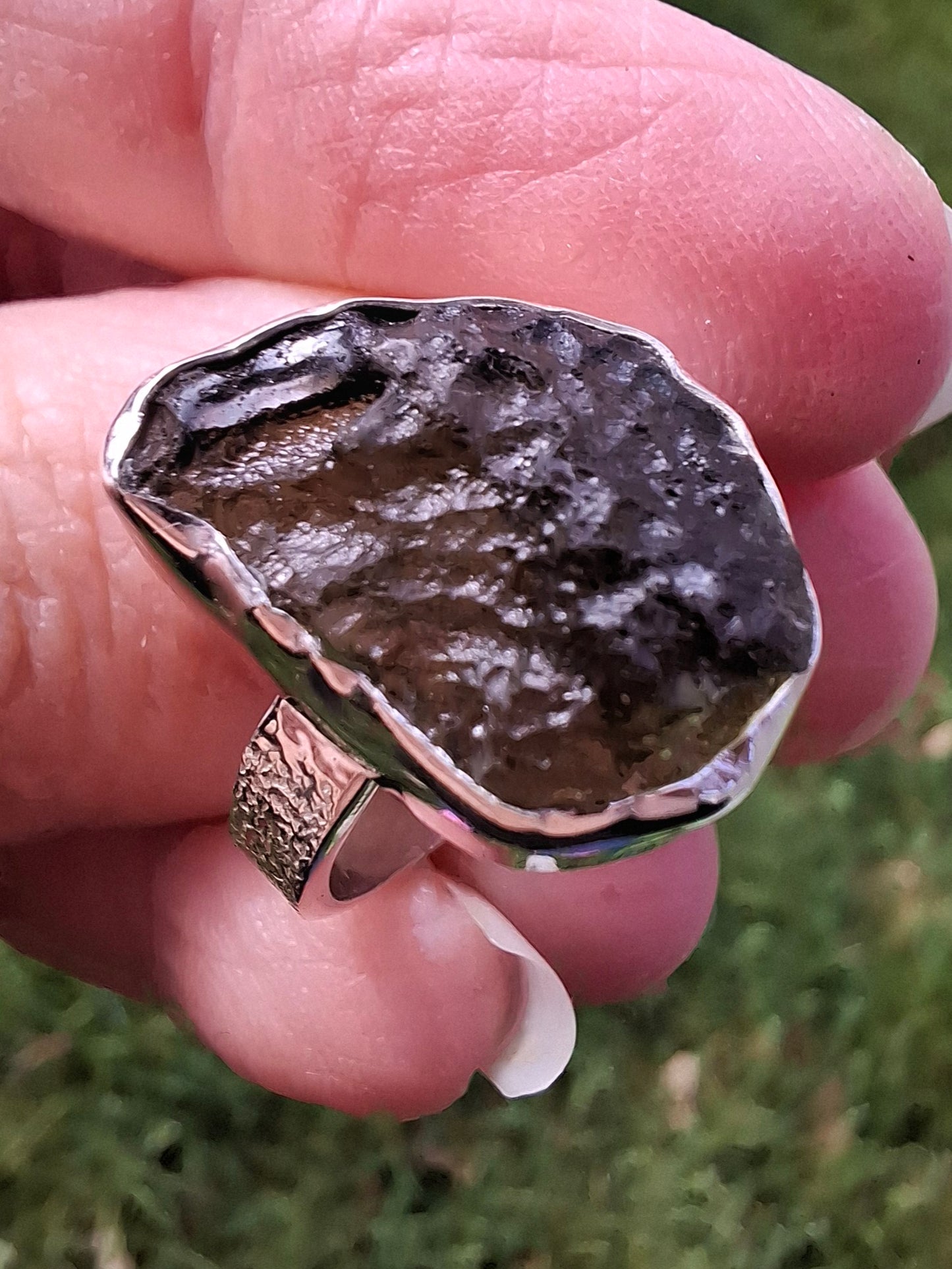 Moldavite Ring, size O, 925 Silver, Tektite (Ref: R311)