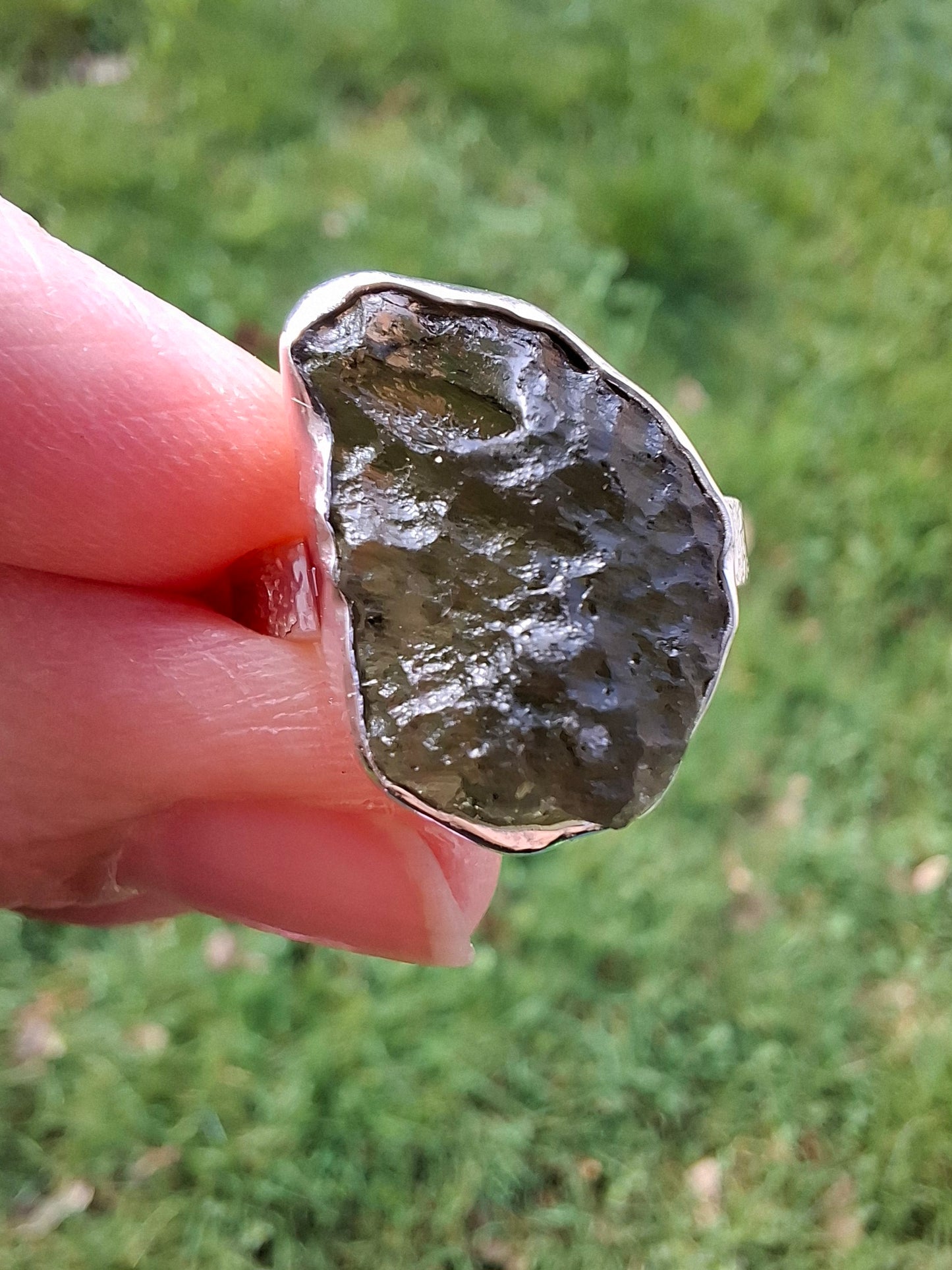 Moldavite Ring, size O, 925 Silver, Tektite (Ref: R311)