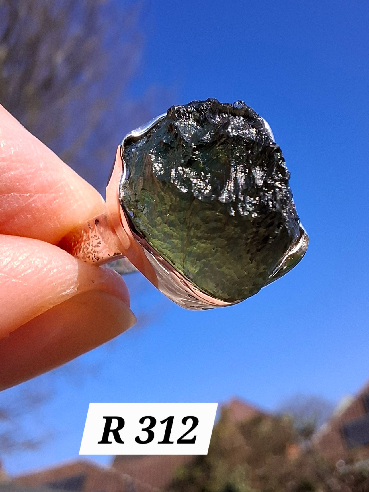 Moldavite Ring, size O, 925 Silver, Tektite (Ref: R312)