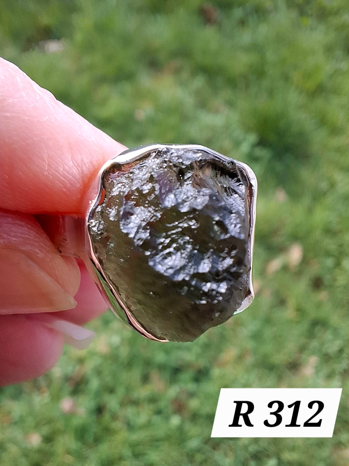 Moldavite Ring, size O, 925 Silver, Tektite (Ref: R312)