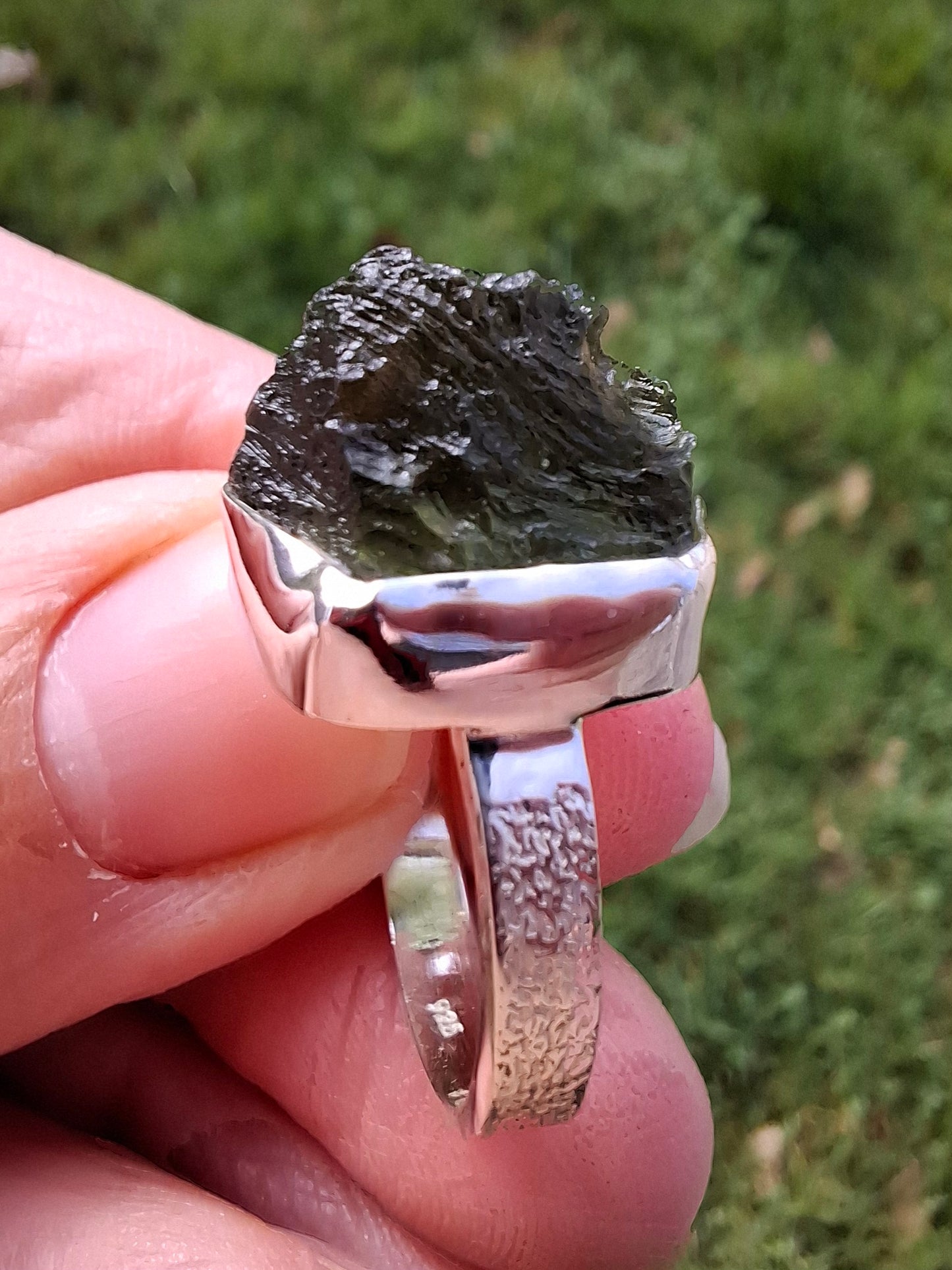 Moldavite Ring, size O, 925 Silver, Tektite (Ref: R312)