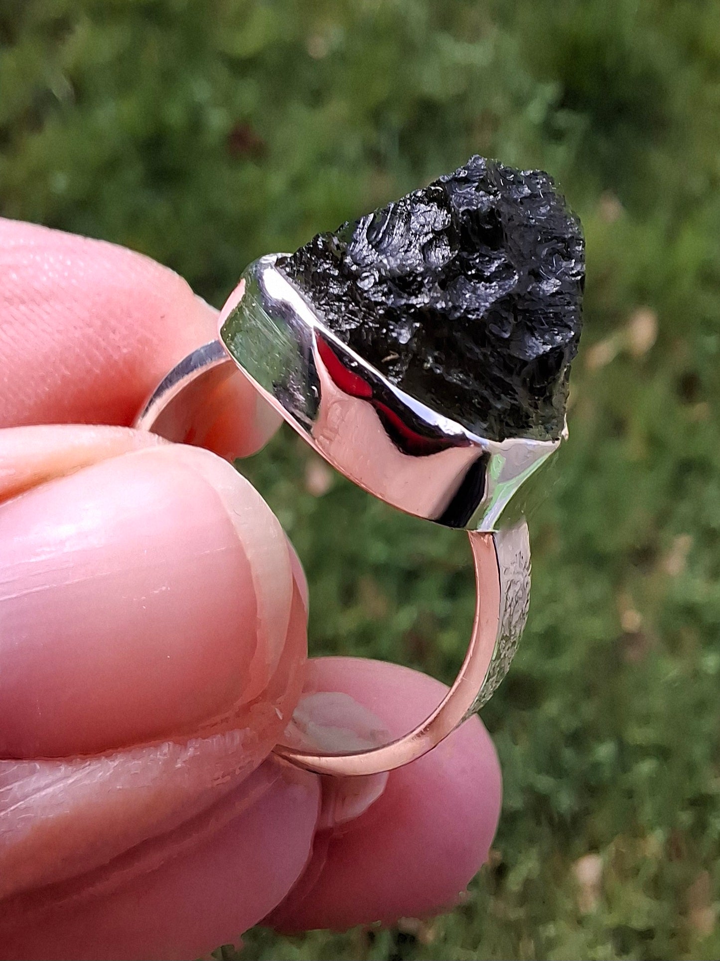 Moldavite Ring, size O, 925 Silver, Tektite (Ref: R312)