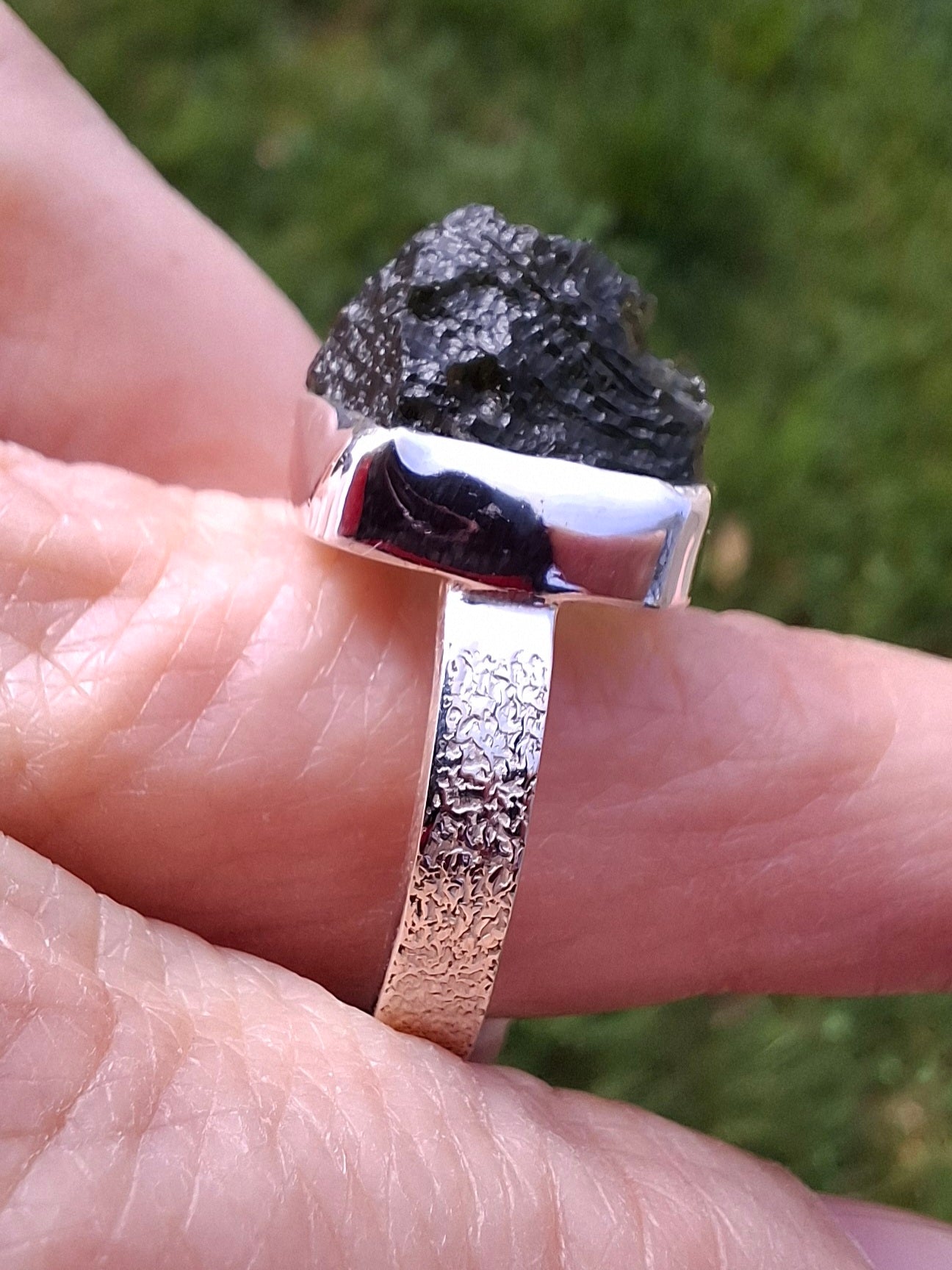 Moldavite Ring, size O, 925 Silver, Tektite (Ref: R312)
