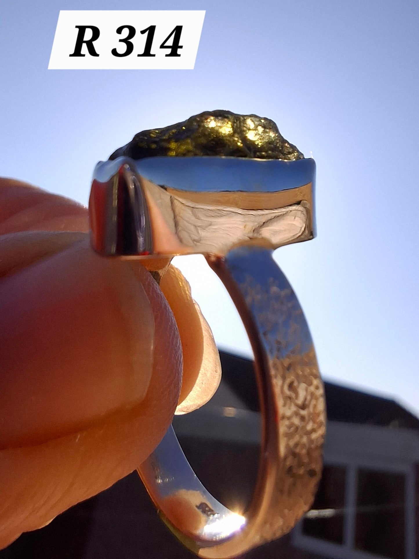 Moldavite Ring, size P, 925 Silver, Tektite (Ref: R314)