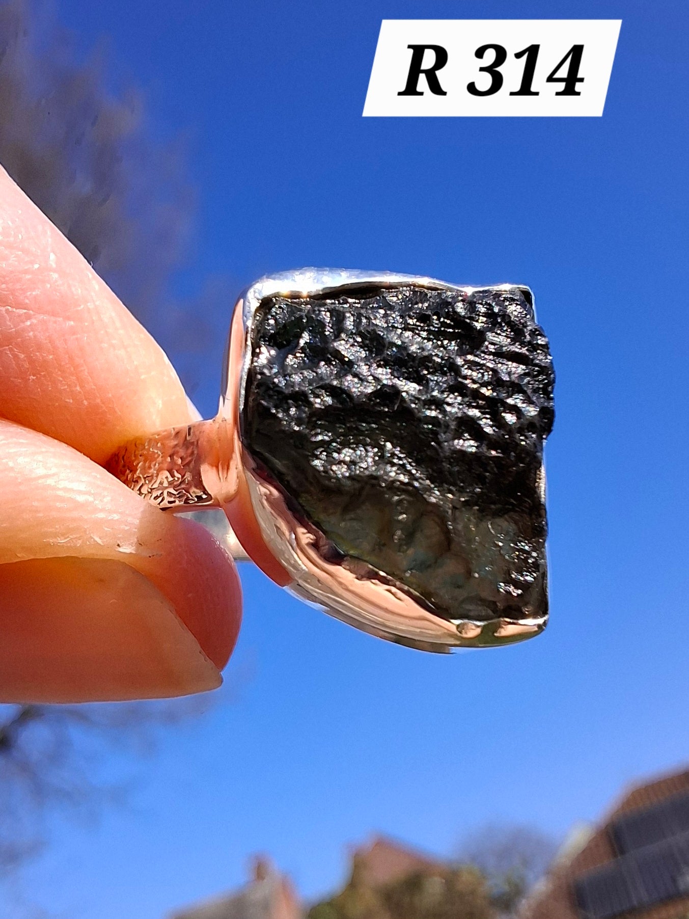 Moldavite Ring, size P, 925 Silver, Tektite (Ref: R314)