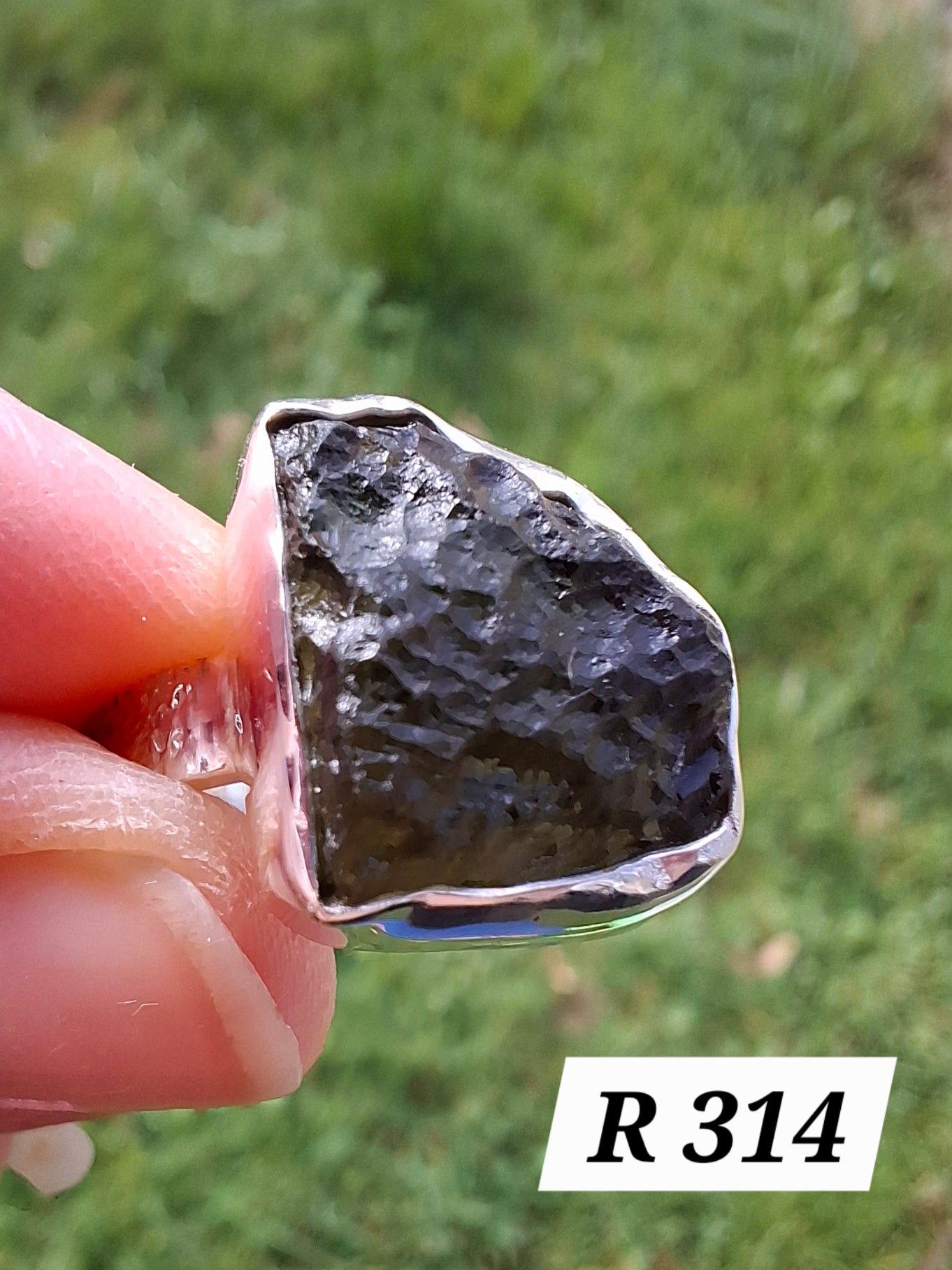 Moldavite Ring, size P, 925 Silver, Tektite (Ref: R314)