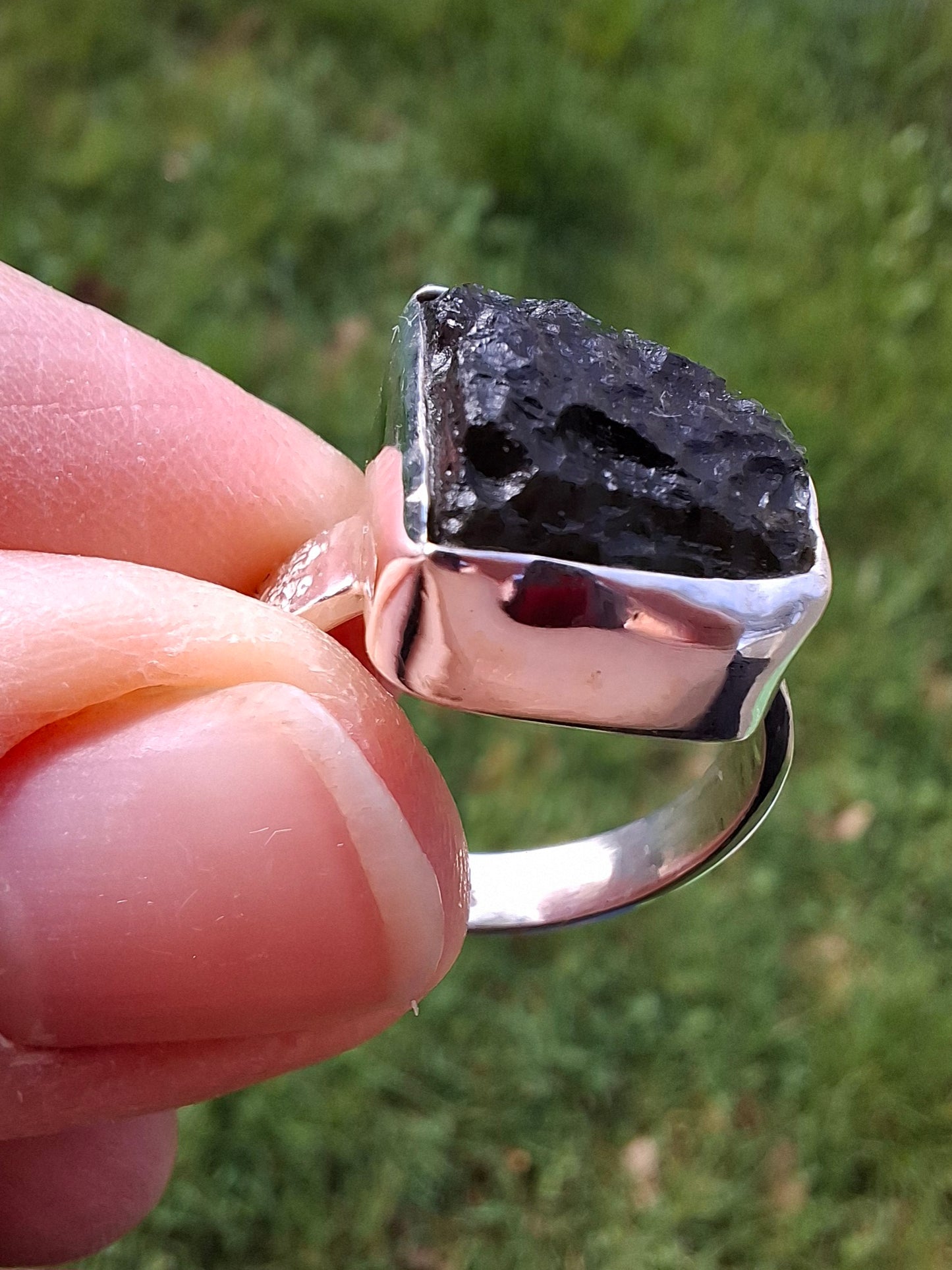 Moldavite Ring, size P, 925 Silver, Tektite (Ref: R314)