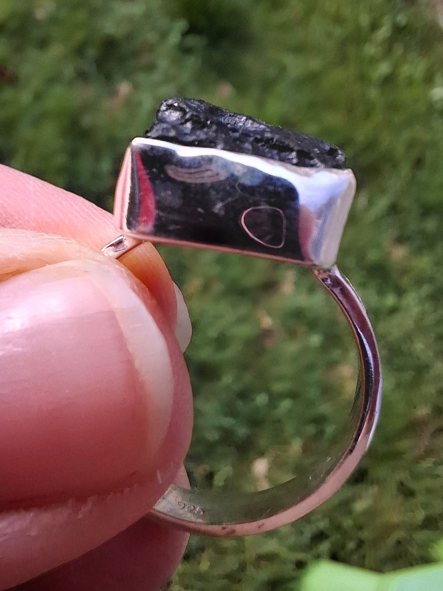 Moldavite Ring, size P, 925 Silver, Tektite (Ref: R314)