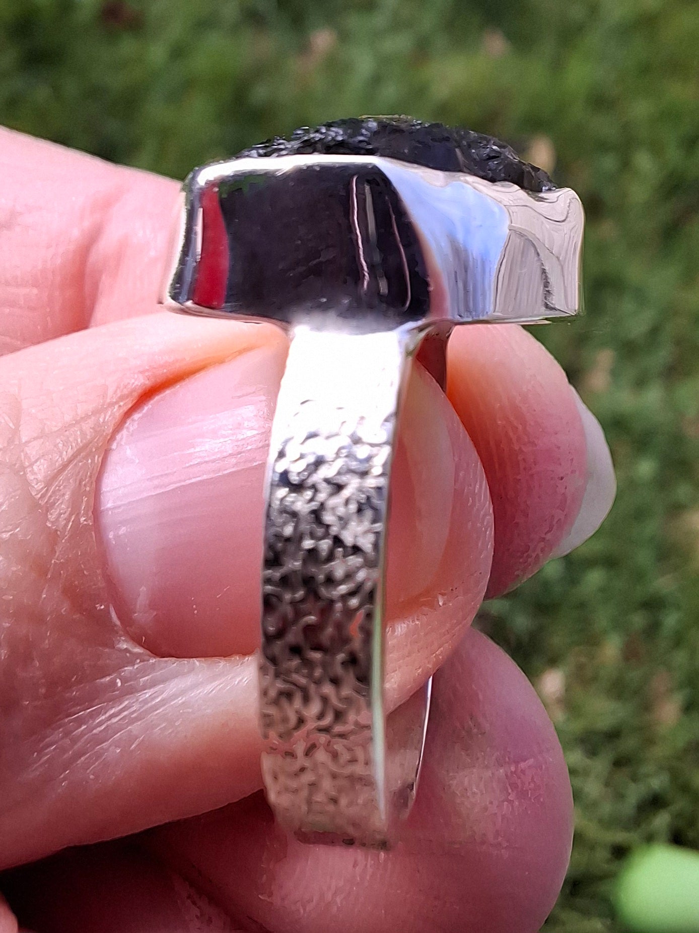 Moldavite Ring, size P, 925 Silver, Tektite (Ref: R314)