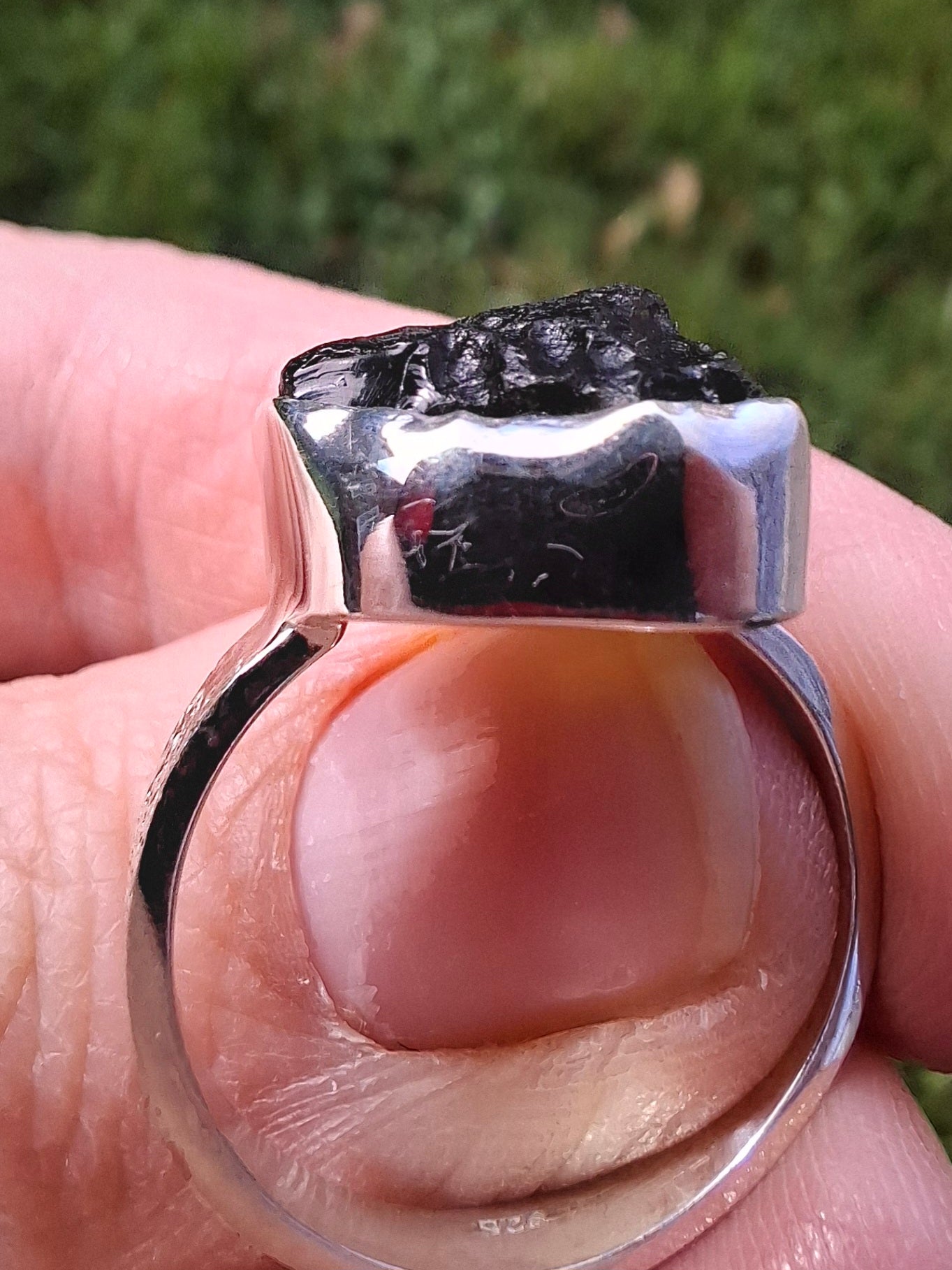 Moldavite Ring, size P, 925 Silver, Tektite (Ref: R314)