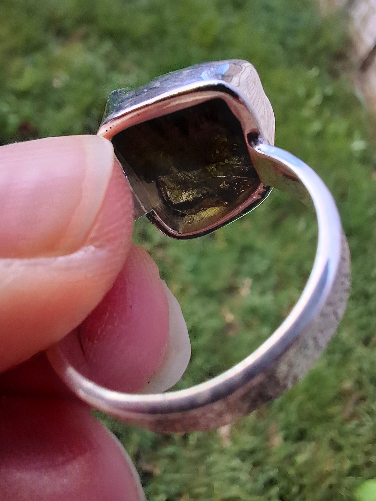 Moldavite Ring, size P, 925 Silver, Tektite (Ref: R314)