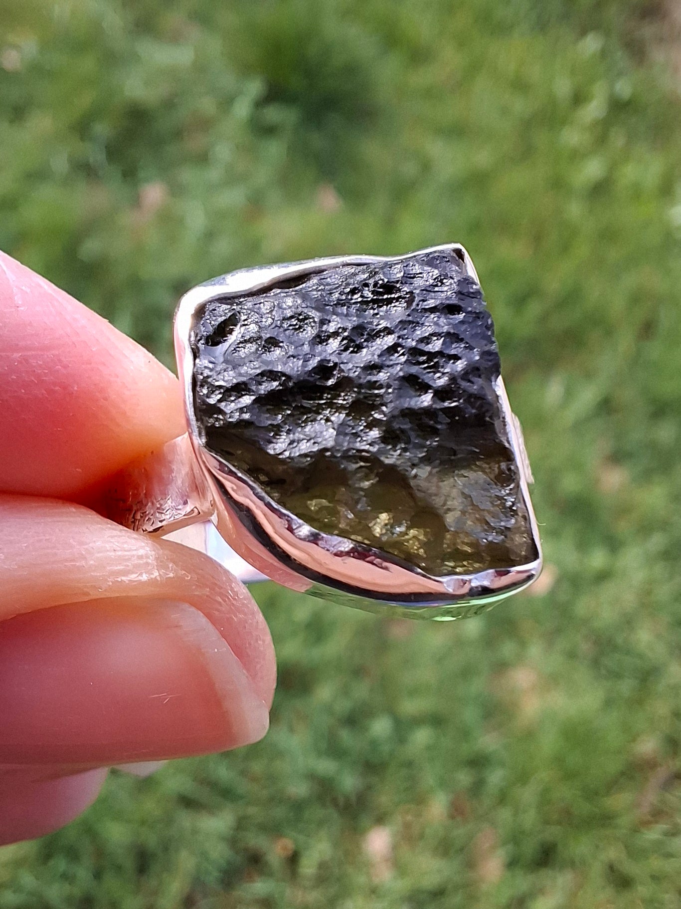 Moldavite Ring, size P, 925 Silver, Tektite (Ref: R314)