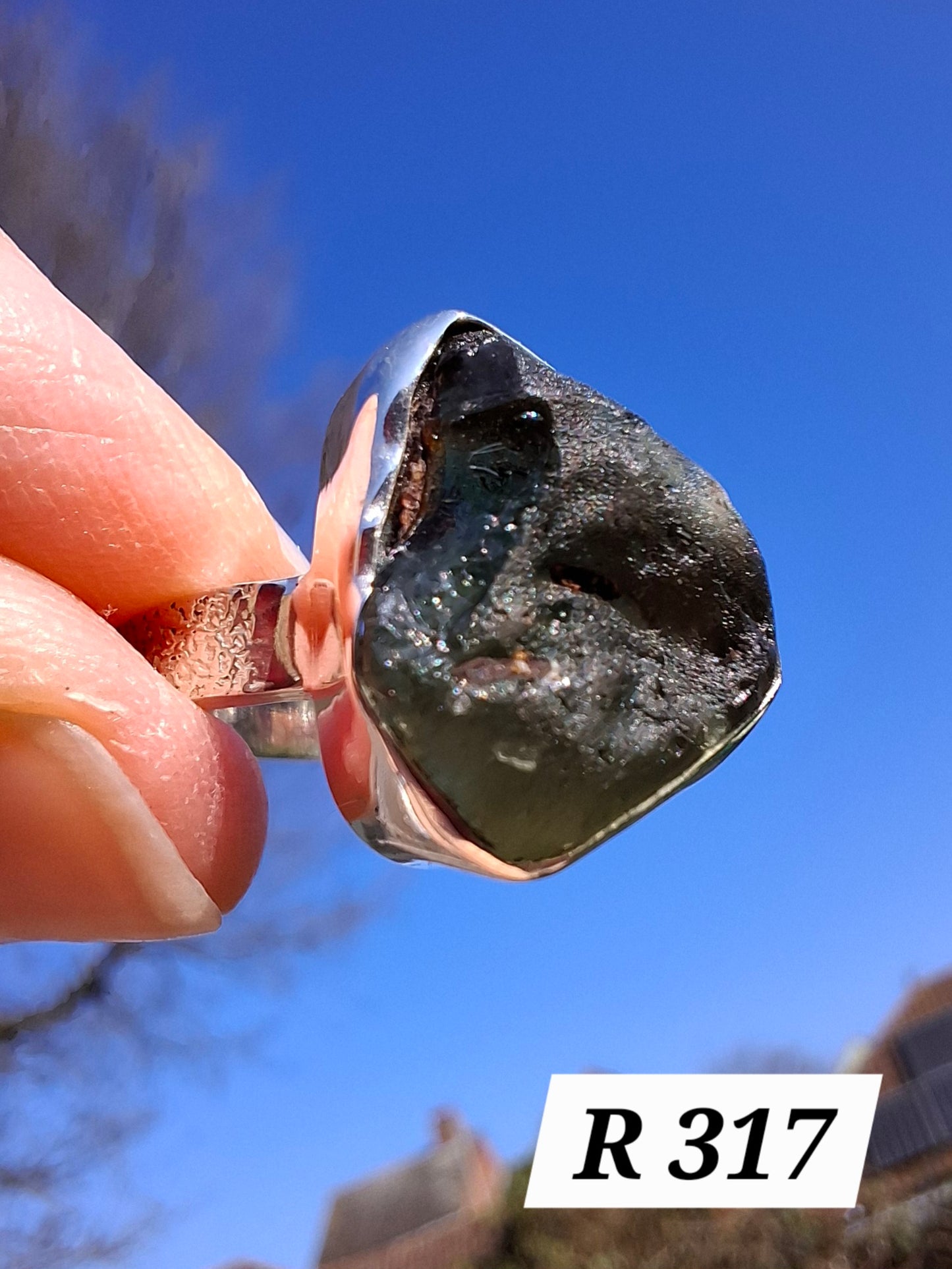 Moldavite Ring, size R, 925 Silver, Tektite (Ref: R317)