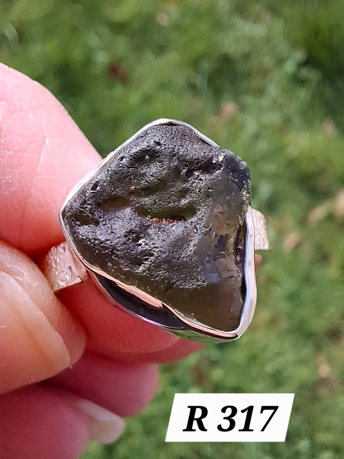 Moldavite Ring, size R, 925 Silver, Tektite (Ref: R317)