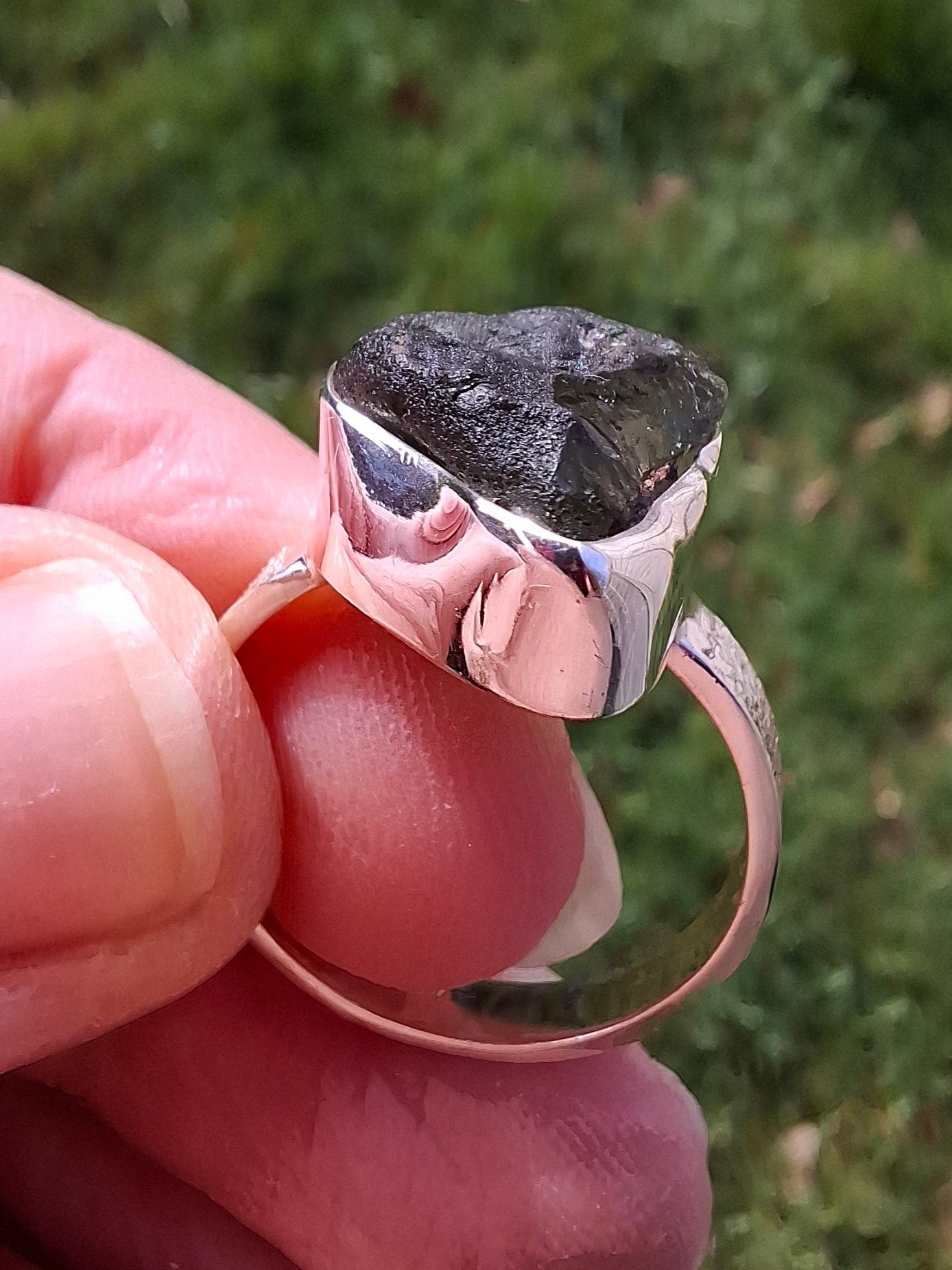 Moldavite Ring, size R, 925 Silver, Tektite (Ref: R317)