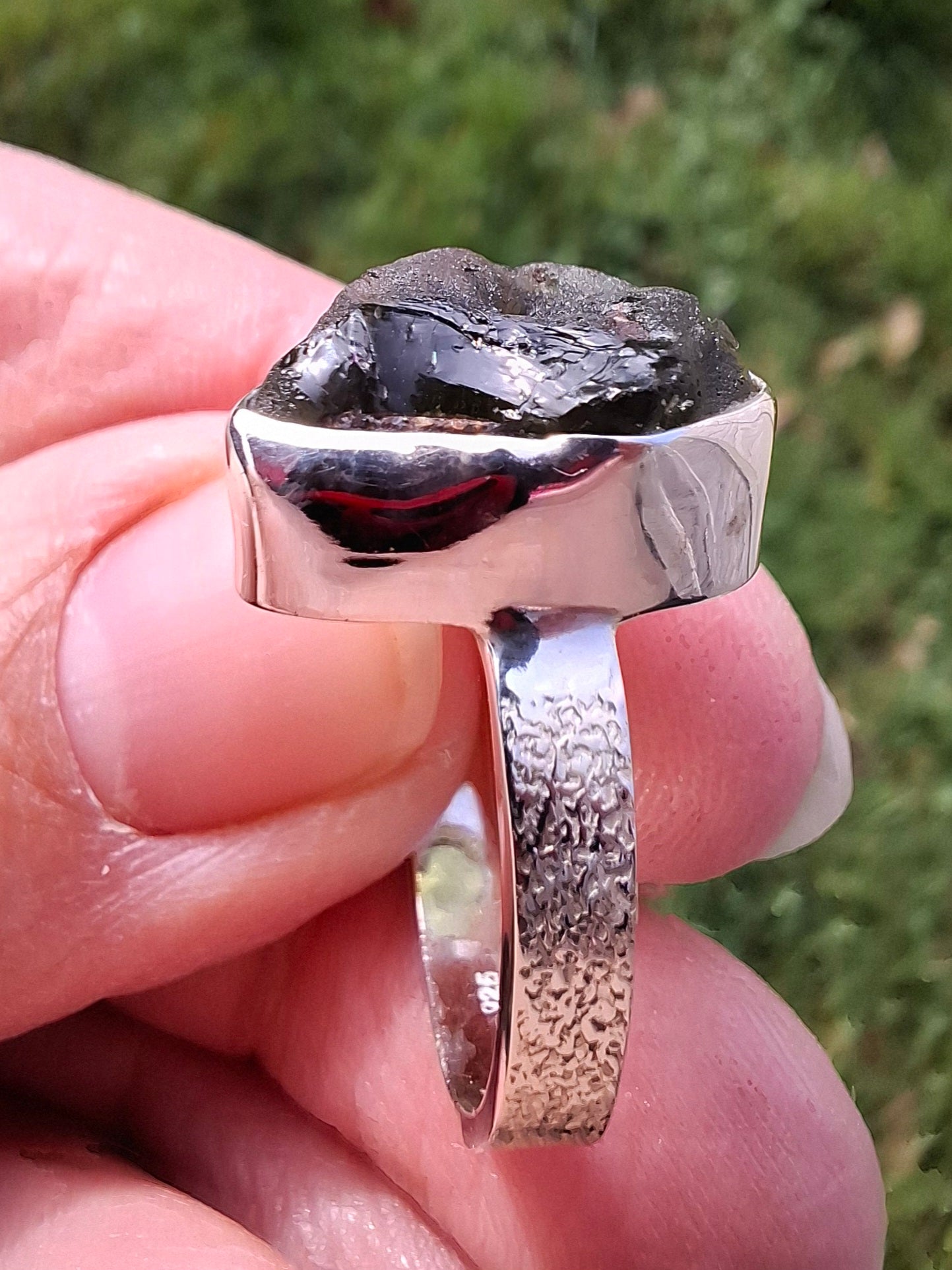 Moldavite Ring, size R, 925 Silver, Tektite (Ref: R317)