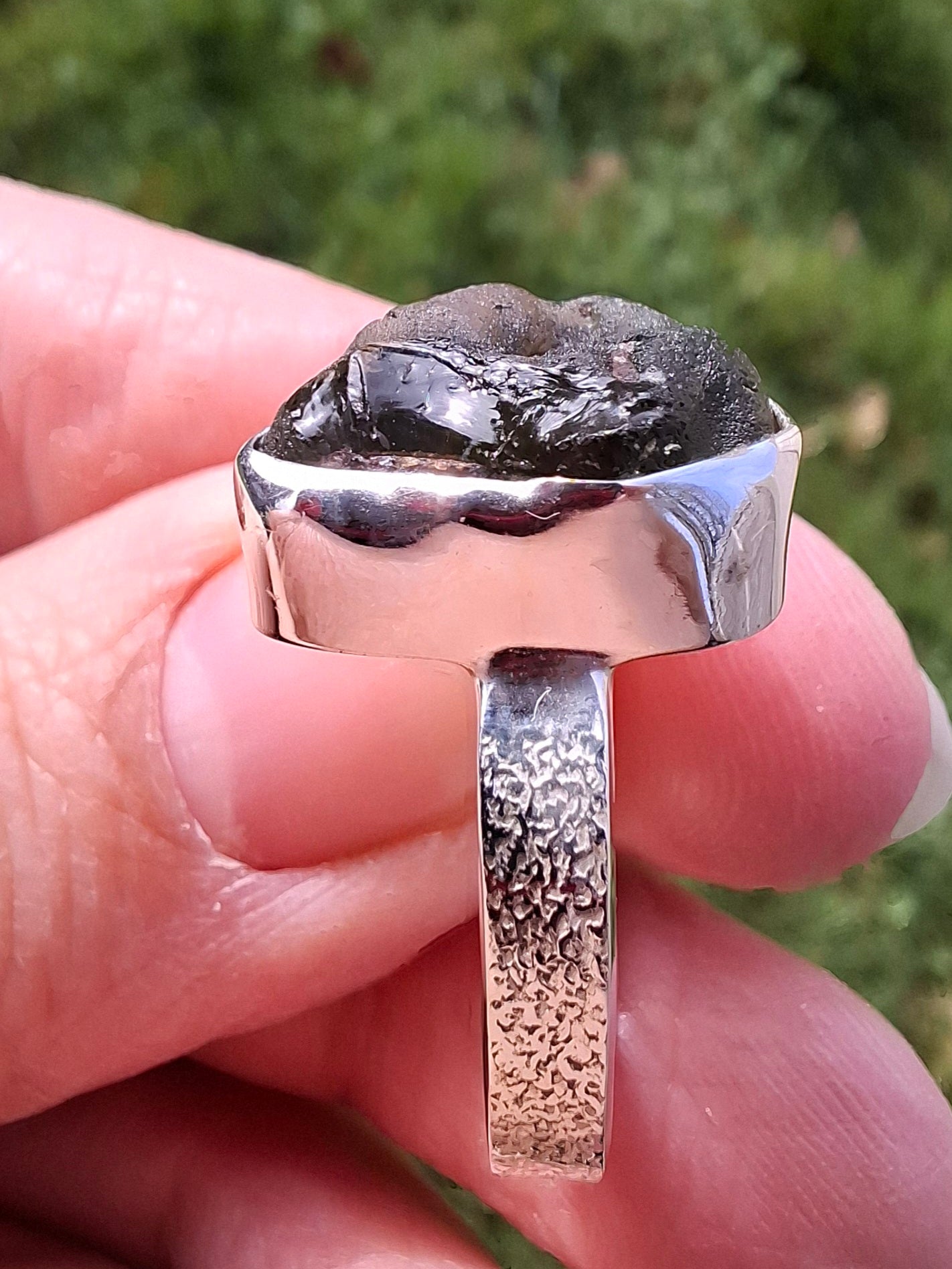 Moldavite Ring, size R, 925 Silver, Tektite (Ref: R317)