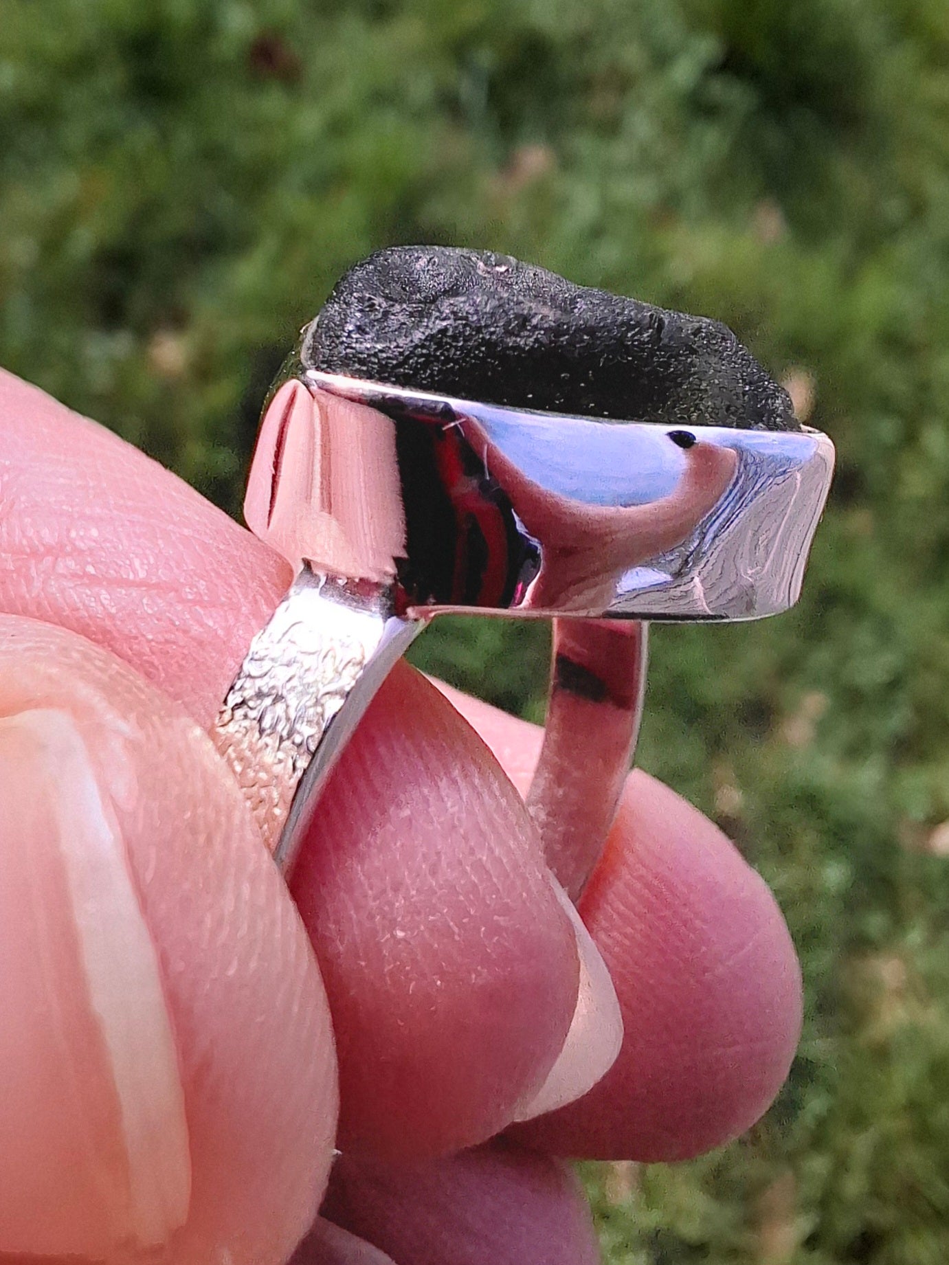 Moldavite Ring, size R, 925 Silver, Tektite (Ref: R317)