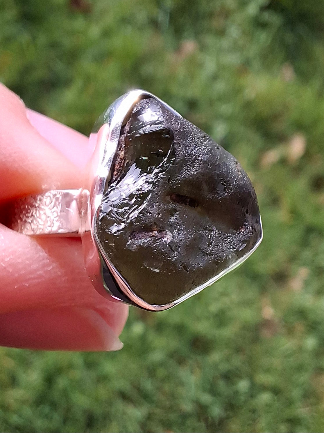 Moldavite Ring, size R, 925 Silver, Tektite (Ref: R317)