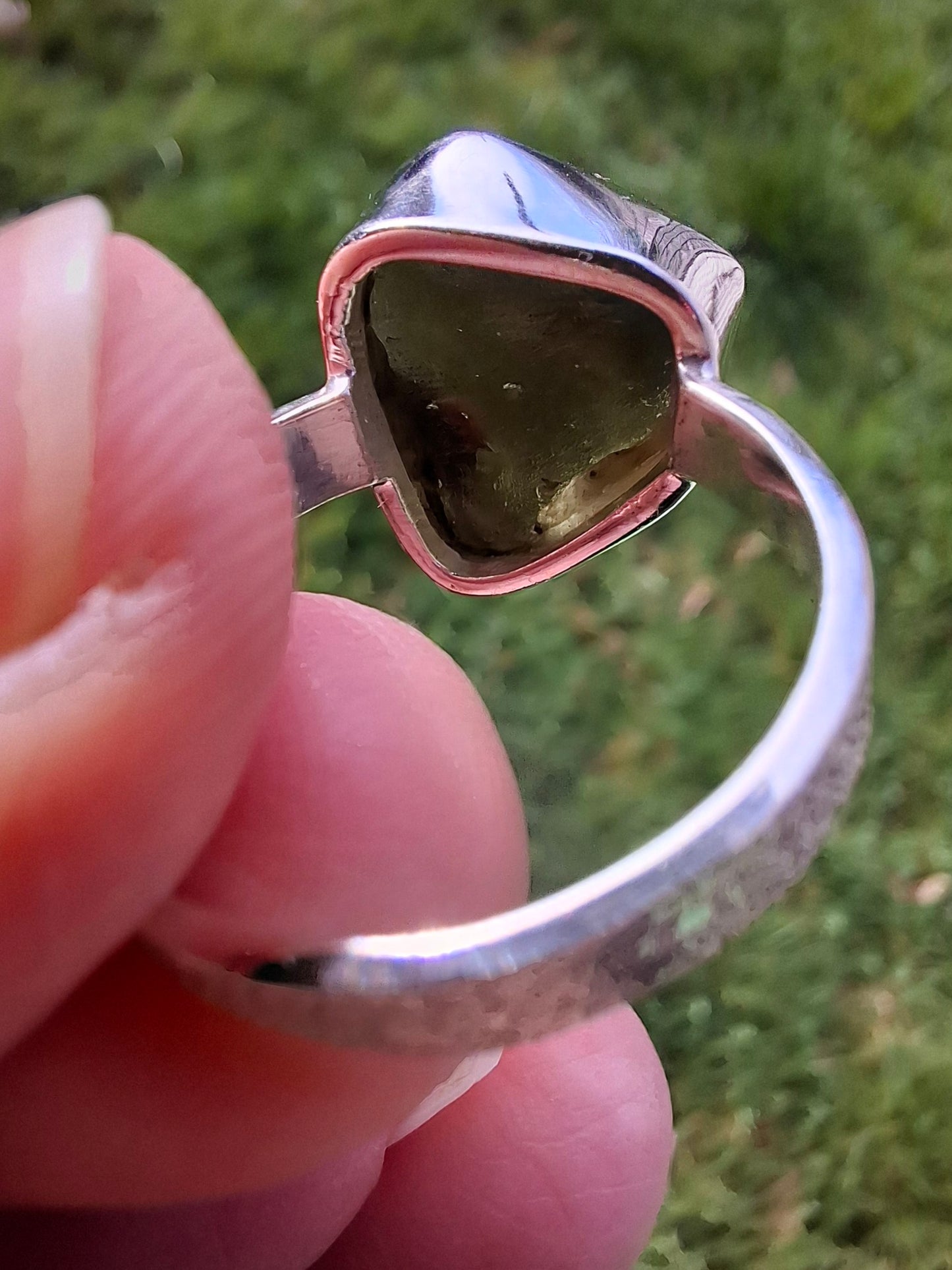 Moldavite Ring, size R, 925 Silver, Tektite (Ref: R317)