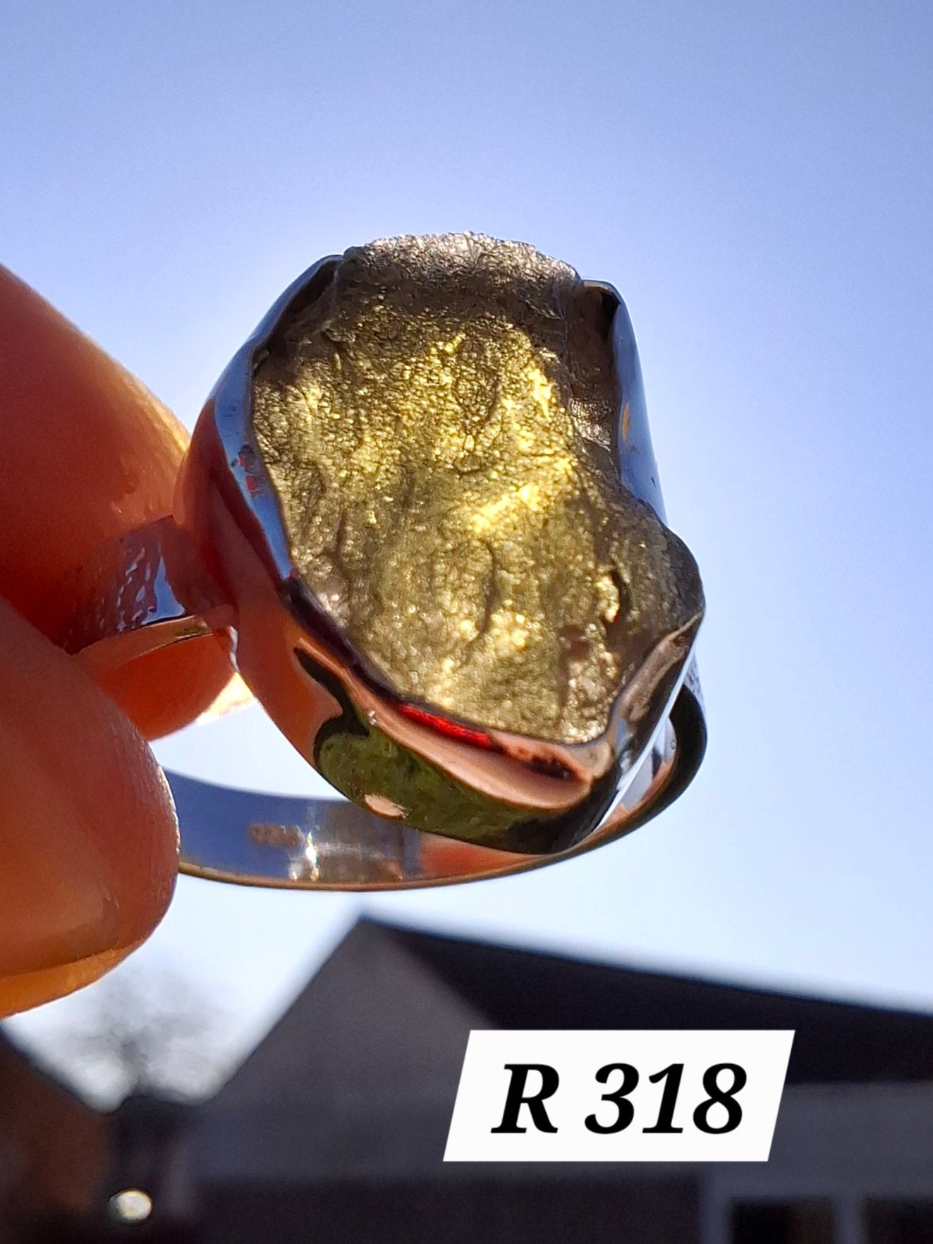 Moldavite Ring, size R, 925 Silver, Tektite (Ref: R318)