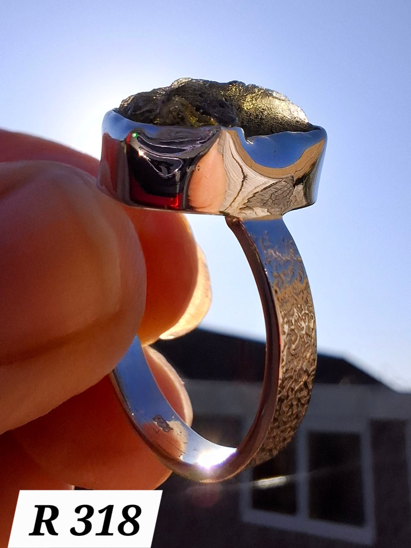Moldavite Ring, size R, 925 Silver, Tektite (Ref: R318)