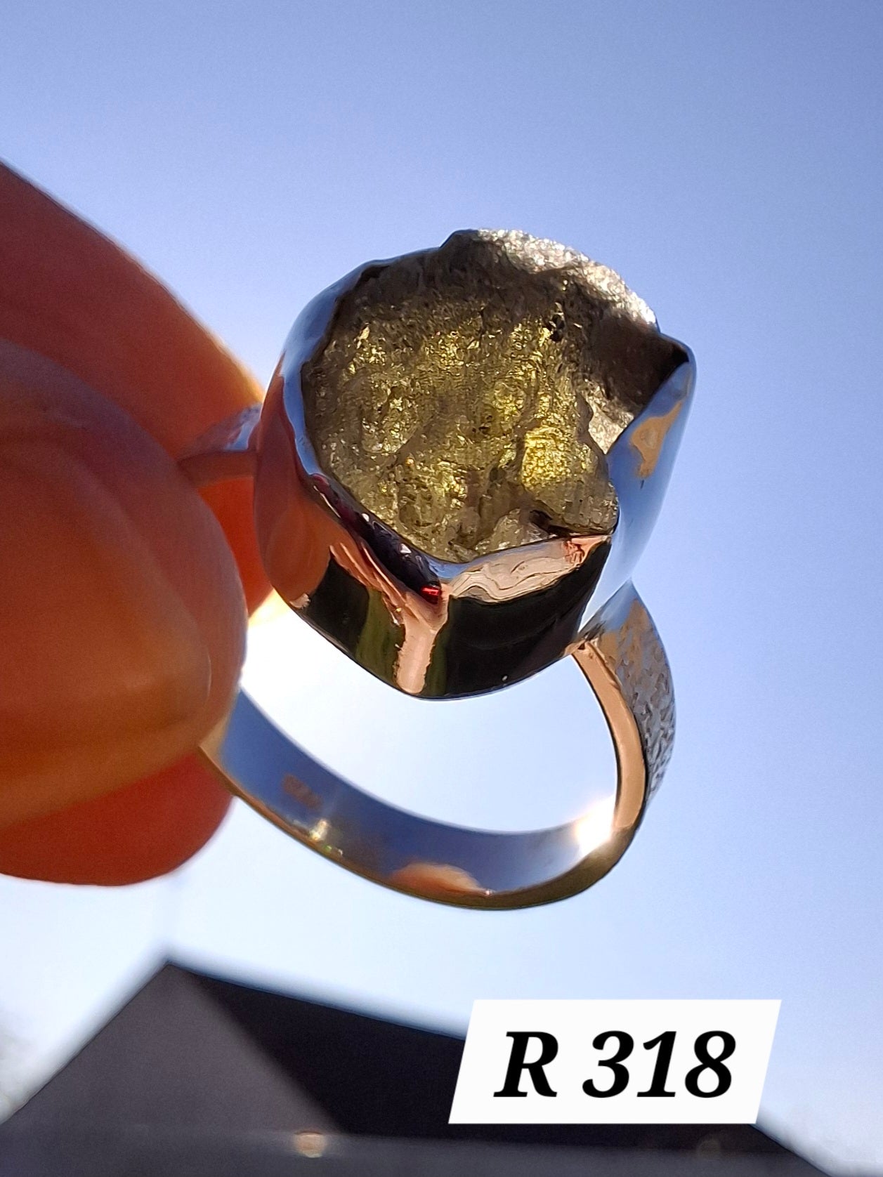 Moldavite Ring, size R, 925 Silver, Tektite (Ref: R318)