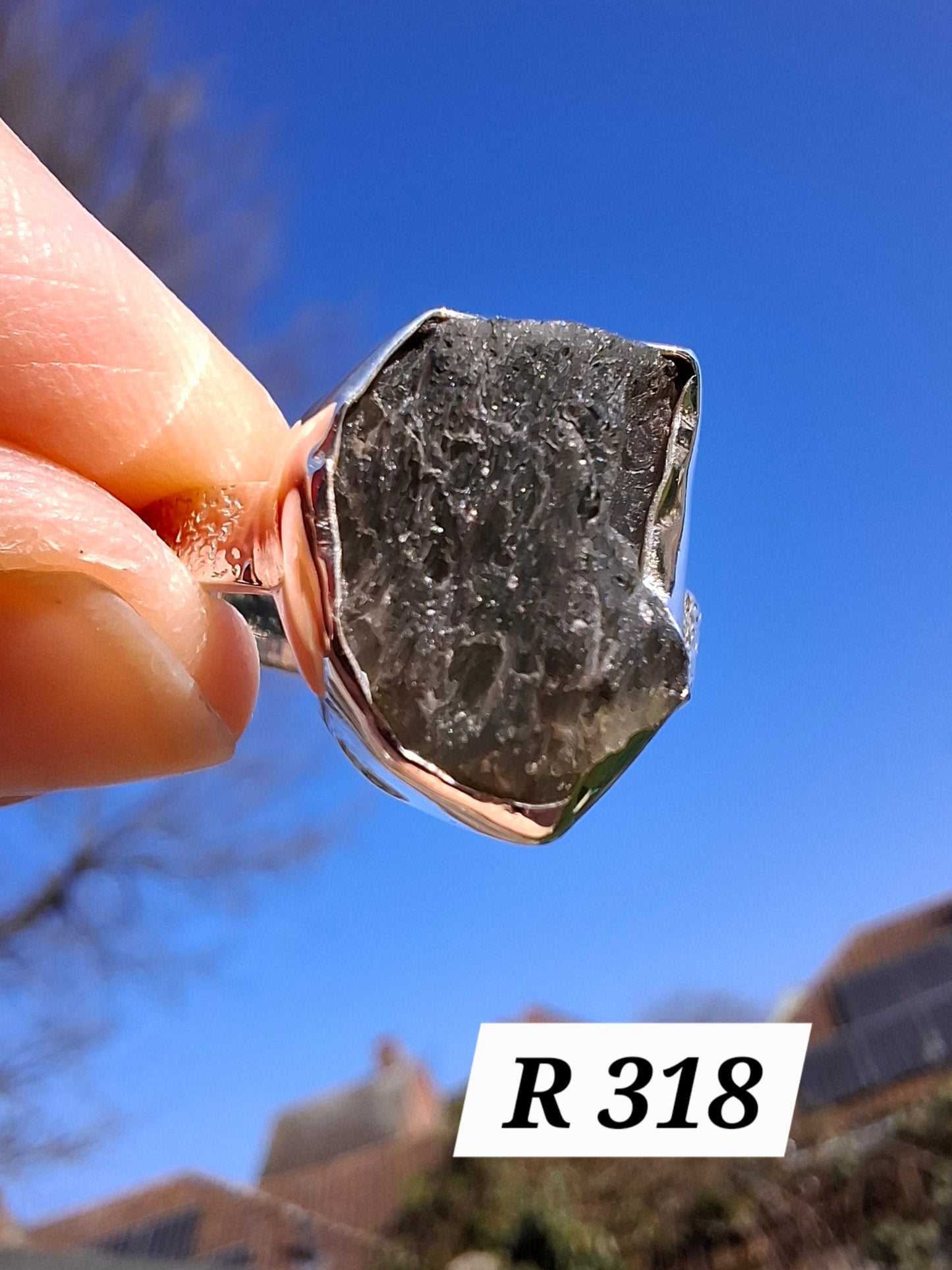 Moldavite Ring, size R, 925 Silver, Tektite (Ref: R318)