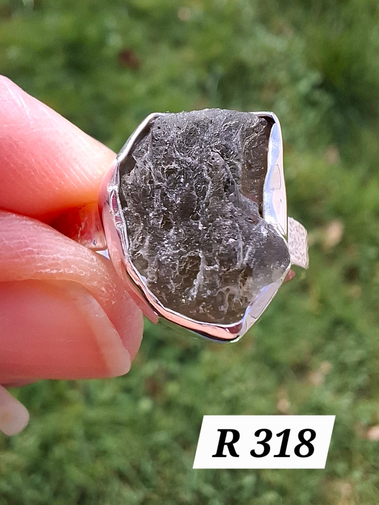 Moldavite Ring, size R, 925 Silver, Tektite (Ref: R318)