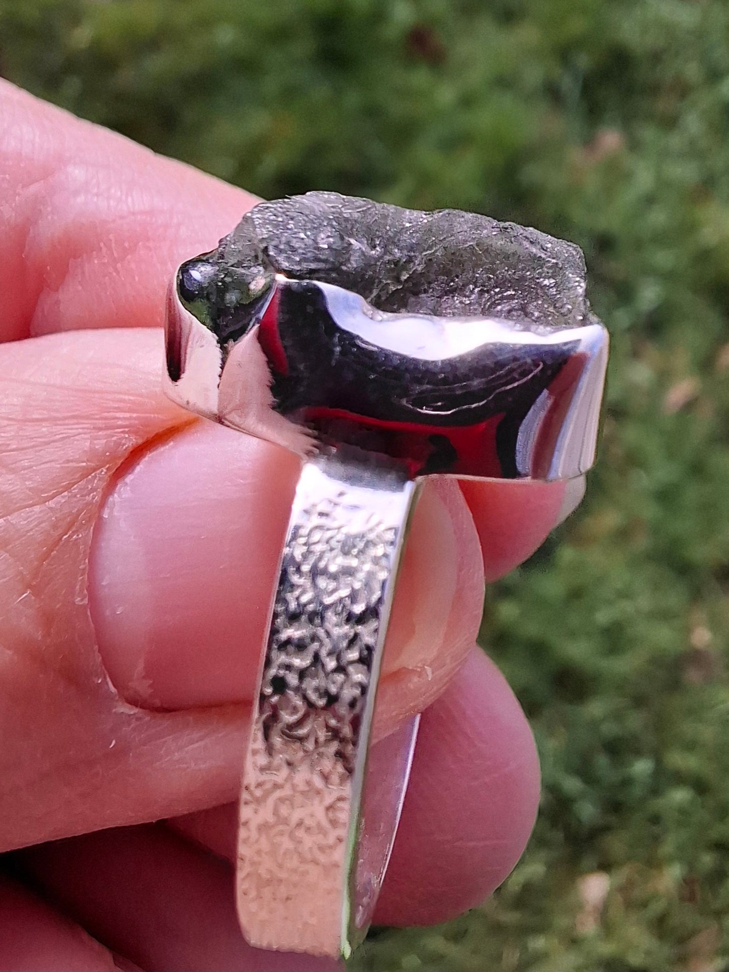 Moldavite Ring, size R, 925 Silver, Tektite (Ref: R318)