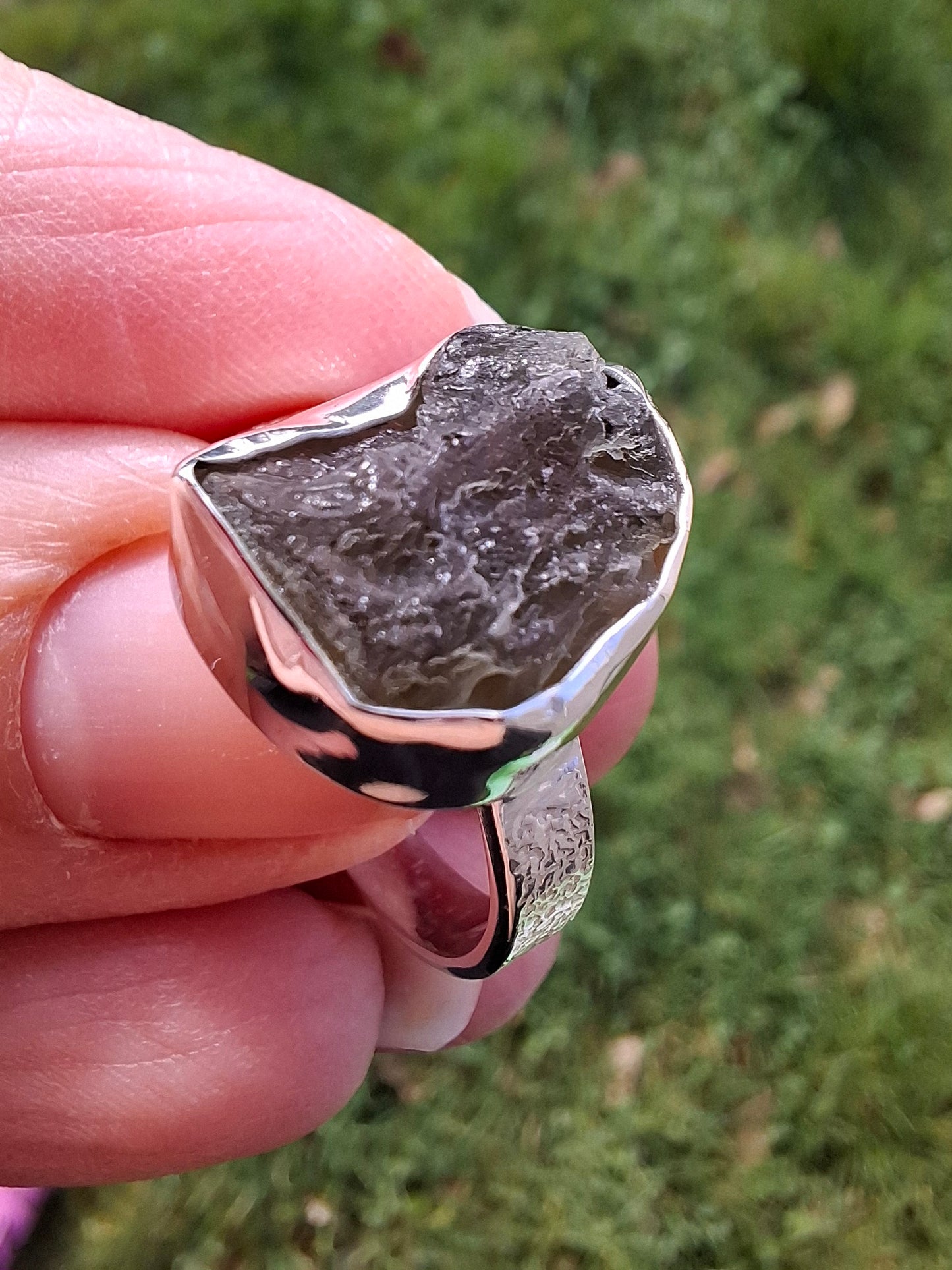 Moldavite Ring, size R, 925 Silver, Tektite (Ref: R318)